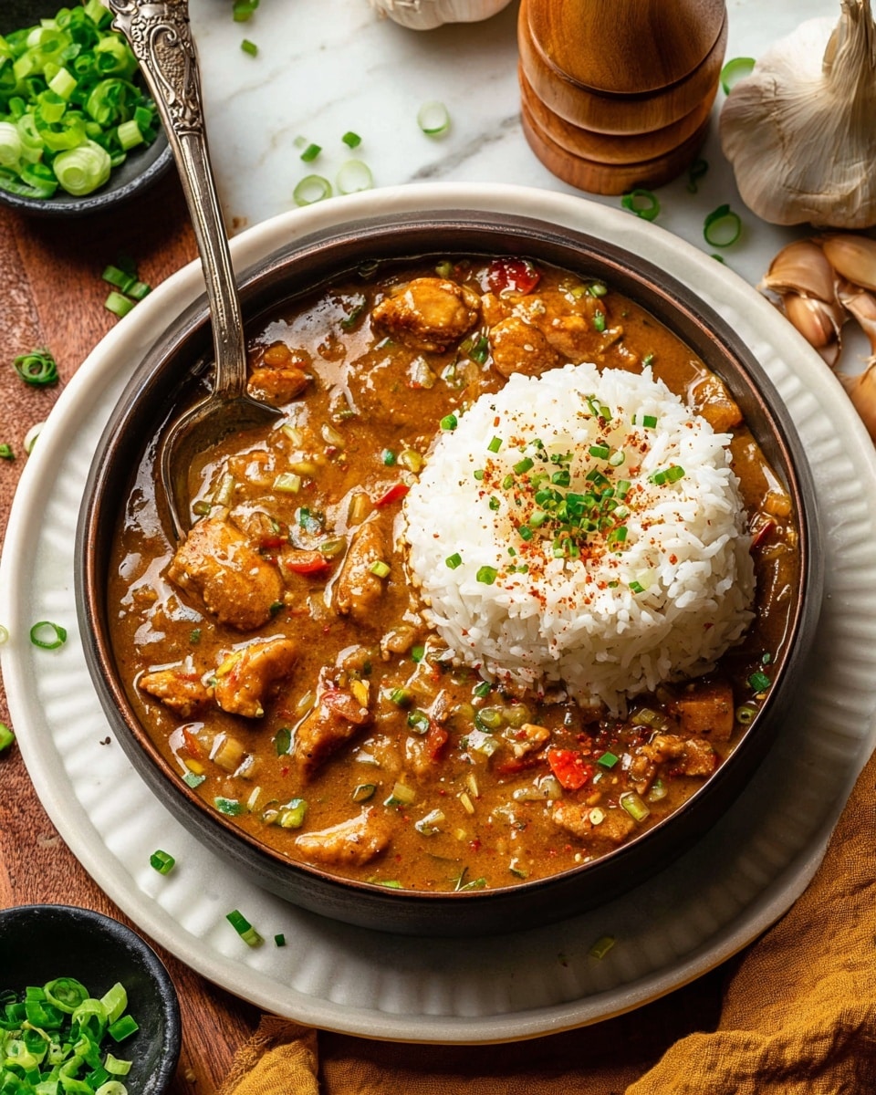 A deep round bowl filled with thick, brownish-orange stew containing tender meat pieces and visible small bits of red and green vegetables, with a soft mound of white rice placed slightly off center on top, sprinkled with chopped green onions and light reddish seasoning. A vintage silver spoon is dipped into the stew on the left side of the bowl. The bowl sits on a white plate with rounded, textured edges on a white marbled surface. Around the bowl, there is a small black bowl of chopped green onions, a whole garlic bulb, a wooden pepper mill, some loose green onion pieces, and a warm-colored cloth partially visible. The photo taken with an iphone --ar 4:5 --v 7