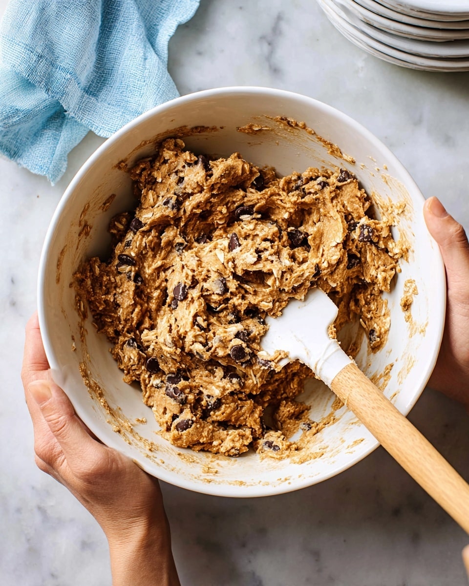 A white bowl filled with thick, chunky cookie dough that shows rough oats and small dark chocolate chips mixed throughout, creating a textured brown and tan mixture. A white spatula with a light wooden handle is partially submerged in the dough, holding some with visible bits stuck on it. A woman's hand grips the bowl from the left side while another woman's hand holds the spatula on the right. The bowl is placed on a white marbled surface with a light blue and white fabric napkin in the background, along with stacked white plates and a cup. Photo taken with an iphone --ar 4:5 --v 7