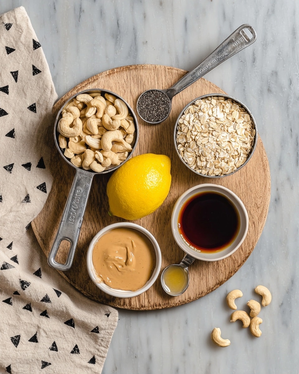 A round wooden board sits on a white marbled surface with a light beige cloth with small black triangles on the left side. On the board, there are six measuring tools and ingredients arranged neatly: a metal measuring cup filled with light beige cashew nuts on the left, a metal measuring spoon with small black seeds above it, a whole bright yellow lemon in the center, a large metal measuring cup filled with light brown rolled oats on the right, a small white bowl of creamy light brown peanut butter below the cashews, a metal measuring cup with dark amber syrup next to the bowl, and a small metal measuring spoon with a small amount of slightly lighter amber liquid below the syrup cup. Three cashew nuts sit on the marbled surface near the bottom right. Photo taken with an iphone --ar 4:5 --v 7