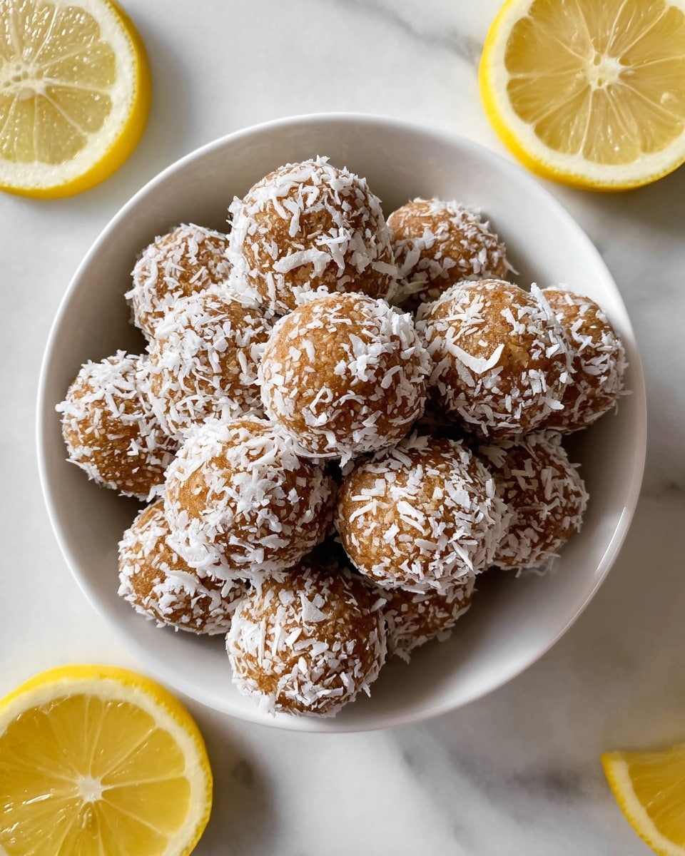 A white bowl filled with round brown balls covered in white shredded coconut, stacked in about two layers, sitting on a white marbled surface with two lemon halves placed near the bowl, one on the top left and one on the bottom right edge of the image, photo taken with an iphone --ar 4:5 --v 7