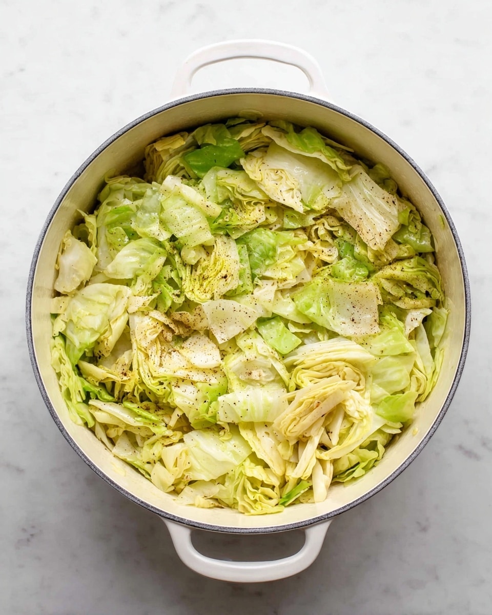 A white cooking pot filled with many layers of cooked cabbage, each piece light green and pale yellow in color, with some pieces showing slight browning and seasoning of black pepper visible on top. The cabbage looks soft and slightly wilted, covering the pot evenly. The pot is placed on a white marbled surface. Photo taken with an iphone --ar 4:5 --v 7