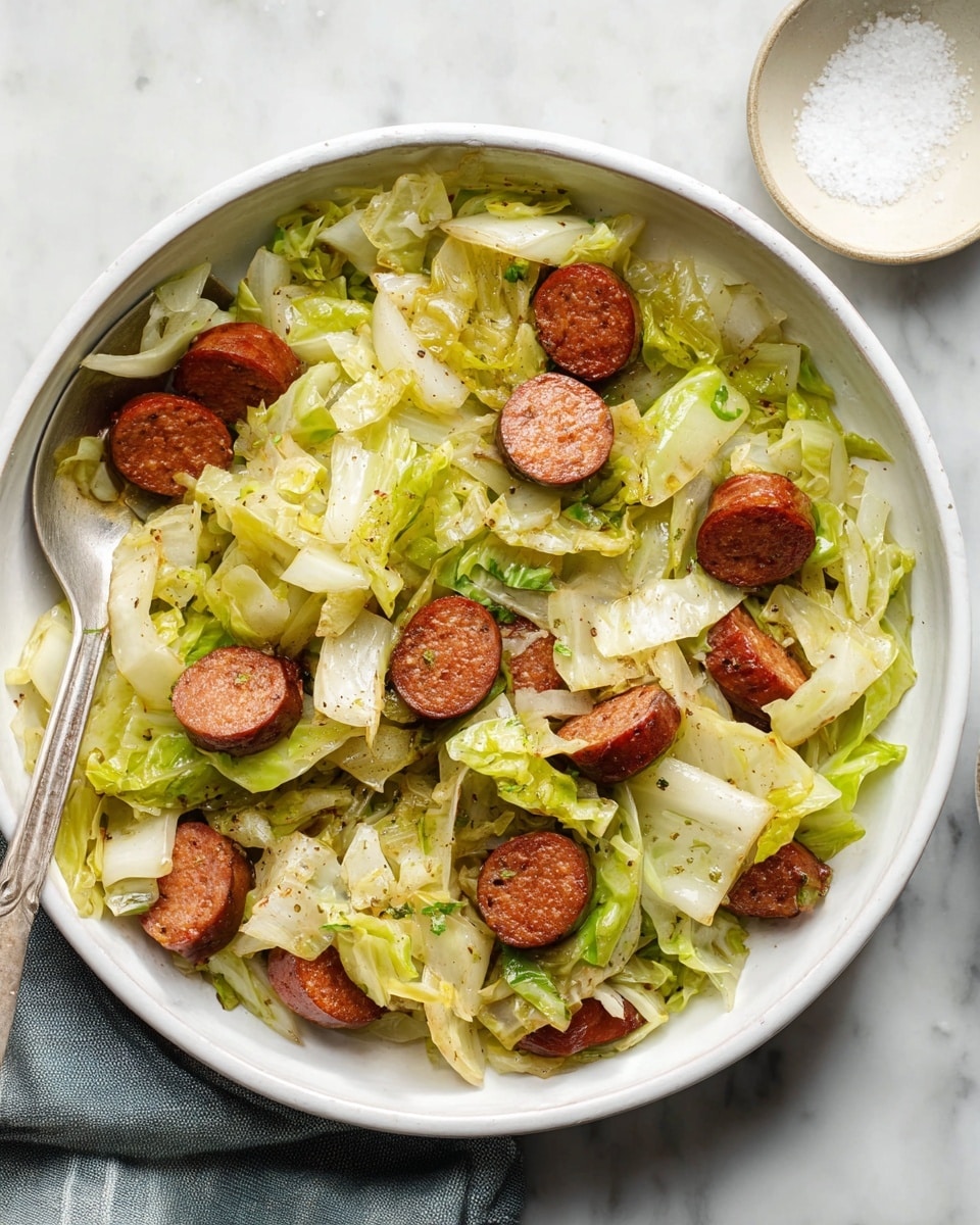 The image shows a white bowl filled with cooked green cabbage pieces and round slices of browned sausage, mixed evenly. The cabbage is light green and slightly soft in texture, layered throughout the bowl, with the sausage slices having a crispy, reddish-brown surface scattered on top and inside the cabbage. A silver spoon is partially visible resting inside the bowl on the left side. The bowl sits on a white marbled surface, with part of a gray cloth nearby and a small round white bowl with salt in the top right corner. photo taken with an iphone --ar 4:5 --v 7