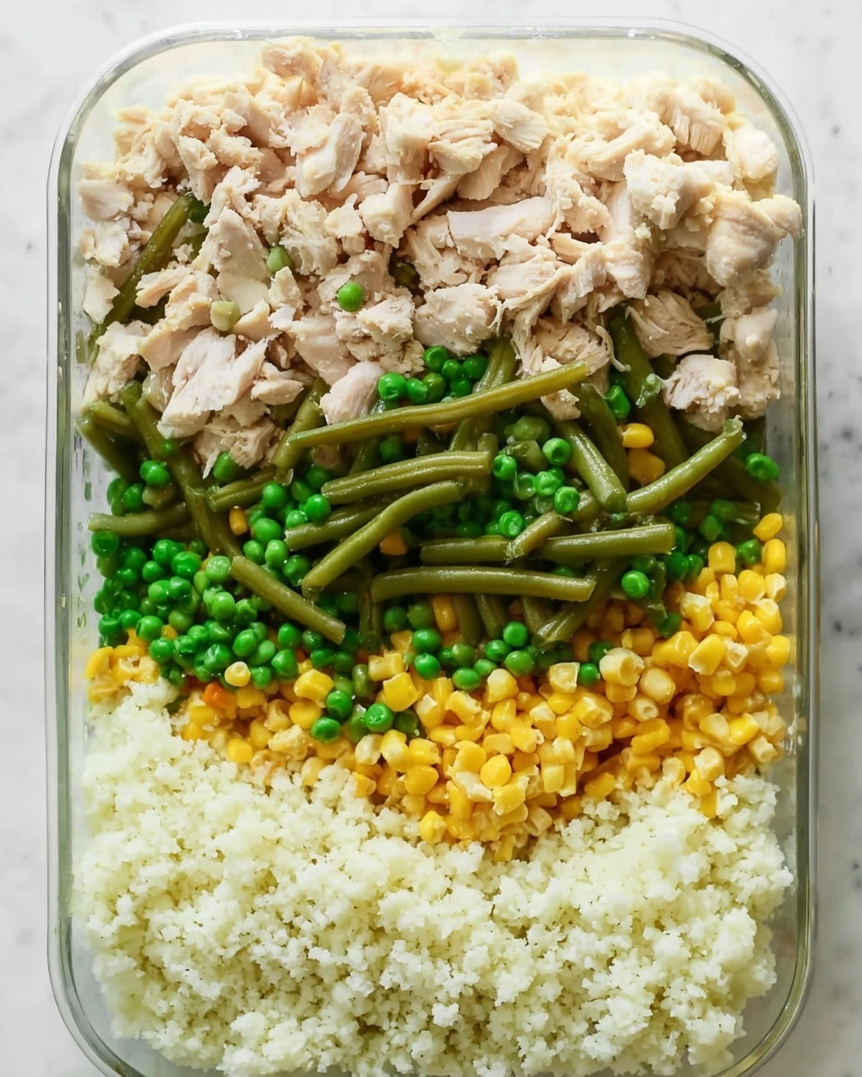 A clear rectangular dish with three distinct layers side by side: on the left, a thick layer of chopped cooked chicken pieces in pale beige and light brown shades with a few green beans mixed in; in the middle, a mixed pile of bright green beans, green peas, and yellow corn kernels creating a colorful contrast; on the right, a fluffy layer of white cauliflower rice spread evenly. The dish sits on a white marbled surface photo taken with an iphone --ar 4:5 --v 7