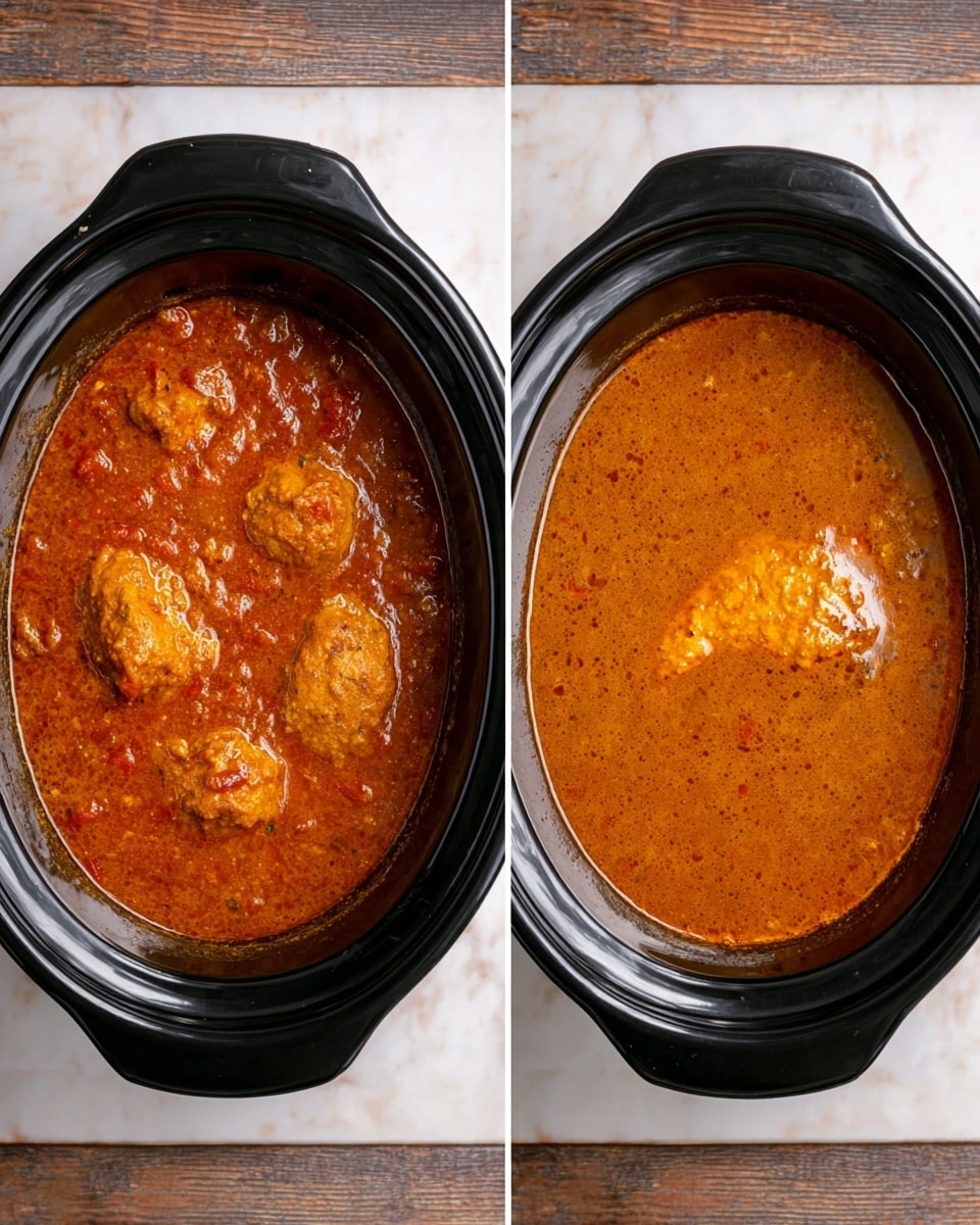 The image shows two black oval slow cooker pots placed side by side on a white marbled surface. The left pot contains a thick orange-brown sauce with visible chunks of red and textured bits, covering multiple pieces partially submerged. The sauce has a glossy surface with visible small bits stirring within. The right pot has a similar thick orange-brown sauce but smoother with two large round pieces underneath showing slightly through the sauce. Both pots present a warm and hearty appearance with rich, dense textures and slight oil sheen on top. Photo taken with an iphone --ar 4:5 --v 7