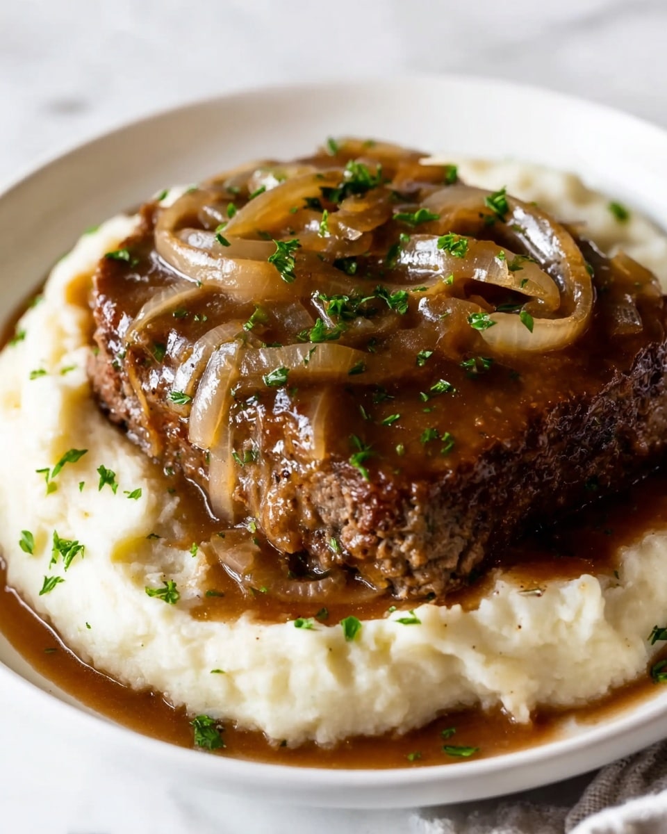 The image shows a white plate with a thick slice of brown, cooked meatloaf at the center, topped with a shiny, rich brown onion gravy with translucent, soft onion slices and small green parsley pieces sprinkled on top. The meatloaf rests on a bed of creamy mashed potatoes, which are smooth and light off-white in color, surrounding the bottom of the meatloaf. The plate sits on a white marbled surface, creating a clean and bright background. The photo is taken with an iphone --ar 4:5 --v 7