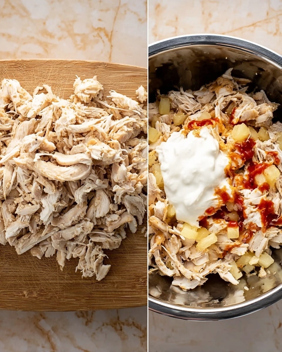 The image shows two side-by-side photos. On the left side, there is a pile of shredded light brown cooked chicken on a wooden cutting board with a blurred light marbled surface underneath. On the right side, the shredded chicken is placed in a metal mixing bowl. On top of the chicken, there is a dollop of white creamy sauce, small pieces of light yellow pineapple, and some red sauce drizzled. Photo taken with an iphone --ar 4:5 --v 7