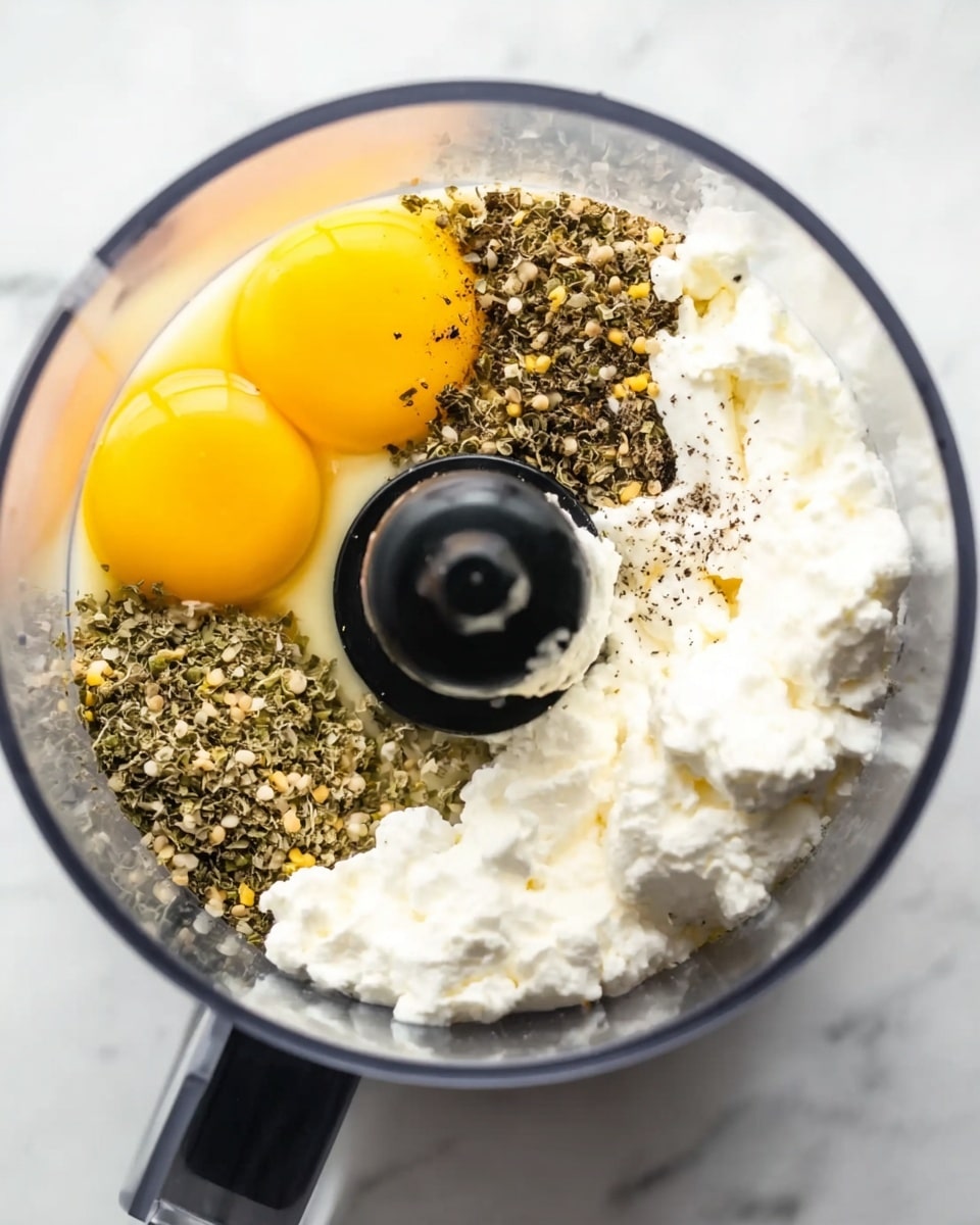 A clear food processor bowl filled with four main ingredients layered side by side: two bright yellow egg yolks on the left, a pile of small greenish-brown dried herbs just below the eggs, a large white creamy cottage cheese mass taking up the right side, and a few black pepper specks scattered over the cheese. The black blade accessory is centered in the bowl, partially covered with the white cheese. The bowl sits on a white marbled surface. Photo taken with an iphone --ar 4:5 --v 7