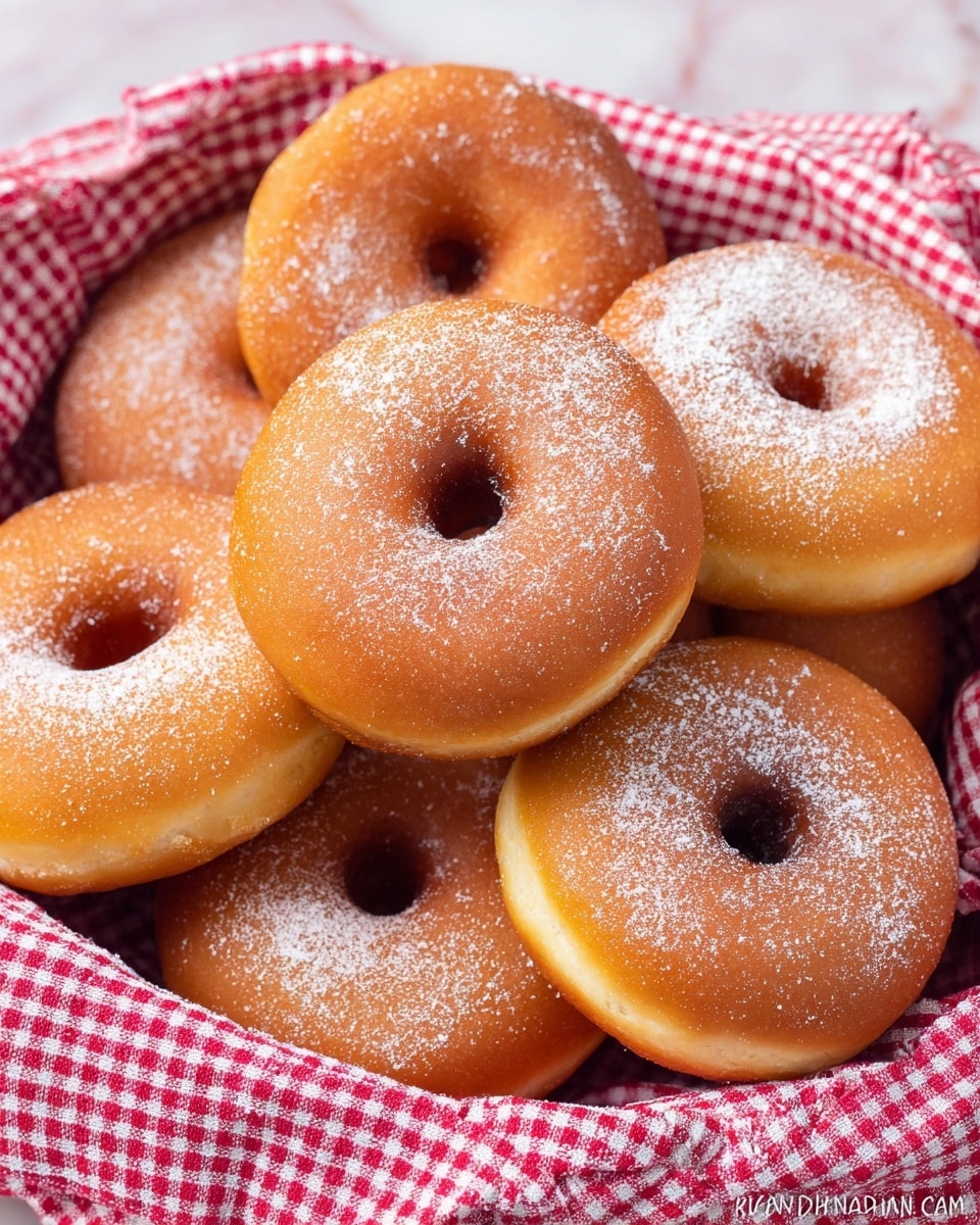 A group of golden brown doughnuts with a soft texture are lightly dusted with white powdered sugar. They are layered closely together inside a basket lined with a red and white checkered cloth. Each doughnut has a smooth surface with a round hole in the center, showing their classic ring shape. The basket is filled nearly to the top with these doughnuts resting against each other. The background is a white marbled texture photo taken with an iphone --ar 4:5 --v 7