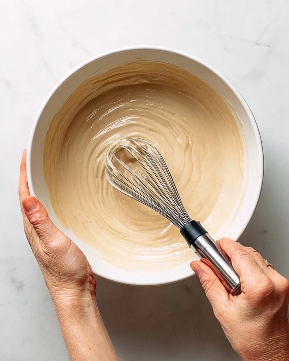 A white bowl is filled with smooth, light beige batter with a thick, creamy texture. A woman's left hand holds the bowl steady from the side while her right hand stirs the batter with a black and silver whisk inside the bowl. The background is a white marbled surface. Photo taken with an iphone --ar 4:5 --v 7