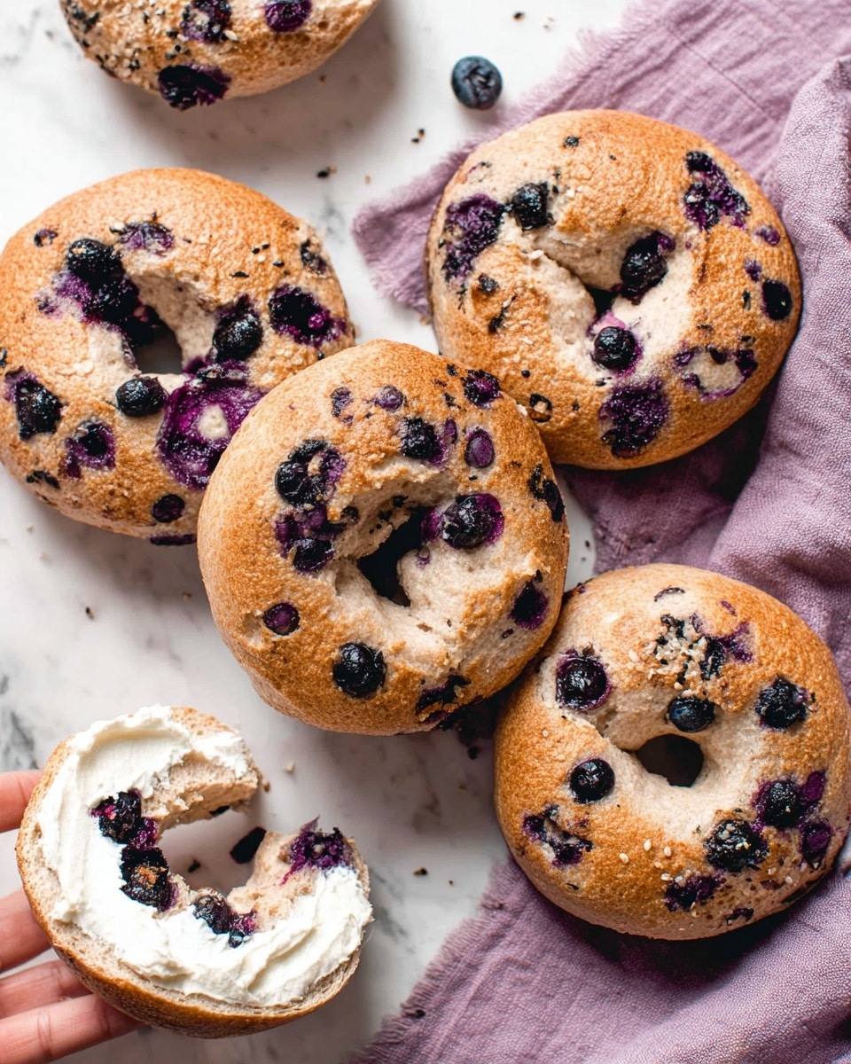 The image shows five blueberry bagels with a golden brown crust and a soft, light beige inside dotted with plump, deep purple blueberries. Two bagels are whole, one is cut in half with cream cheese spread on the lower half, and another half is held slightly above with cream cheese visible, as if a woman's hand is about to pick it up. The bagels sit on a white marbled surface with a soft purple cloth nearby, adding a cozy touch. The overall look is fresh and inviting with a rustic texture on the bagel crust and creamy smoothness of the cheese. Photo taken with an iphone --ar 4:5 --v 7