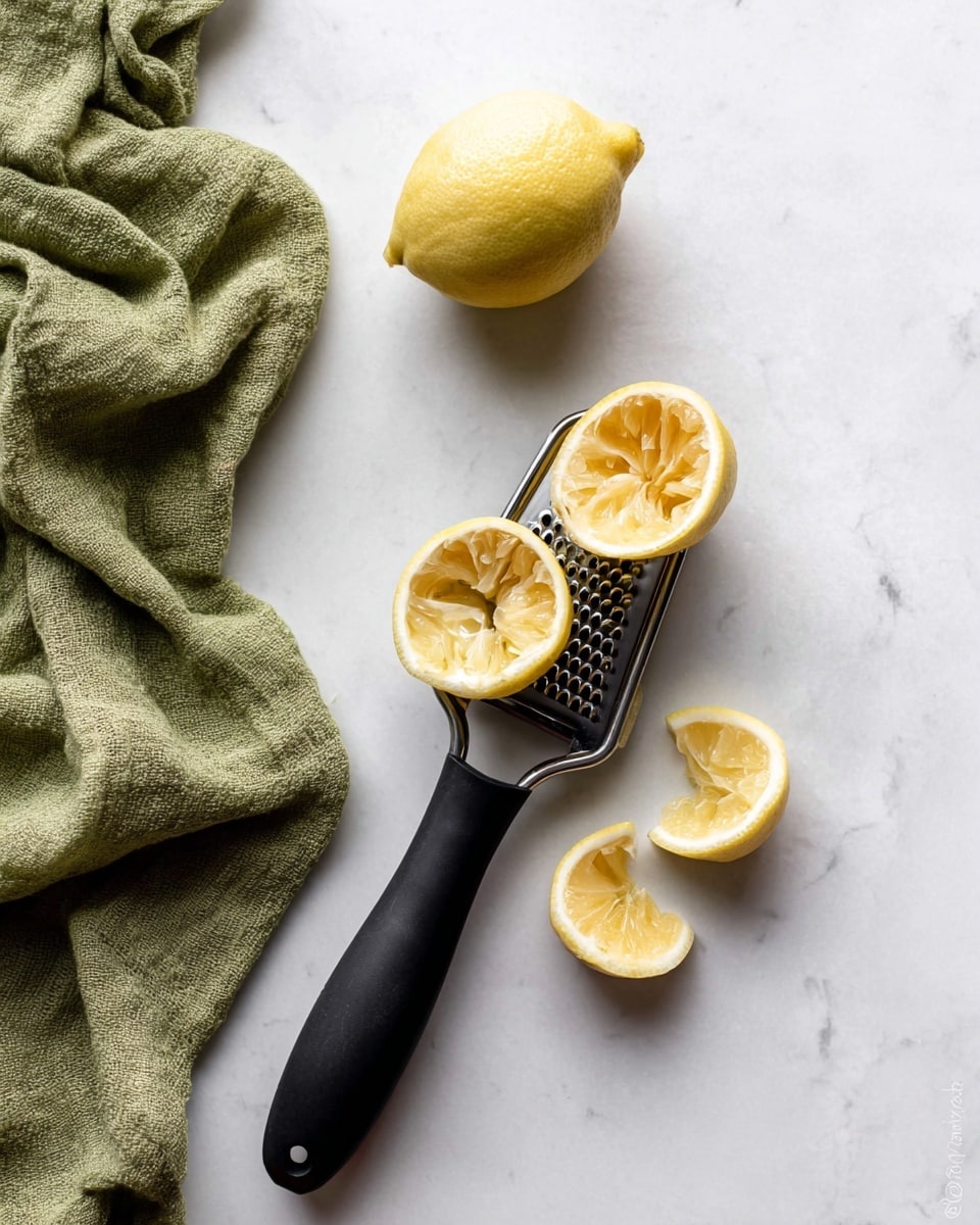 The image shows a zester with a black handle placed on a white marbled surface. On top of the zester, there are three hollow lemon halves with a yellow outer skin and pale inner flesh, arranged with one lemon half near the top and two lemon halves closer to the handle. Above the zester is a small, round, smooth lemon piece with a slightly pointed top. To the left side, there is a crumpled green cloth with a rough texture. The overall scene is clean and bright with soft lighting highlighting the textures of the lemon and zester. photo taken with an iphone --ar 4:5 --v 7