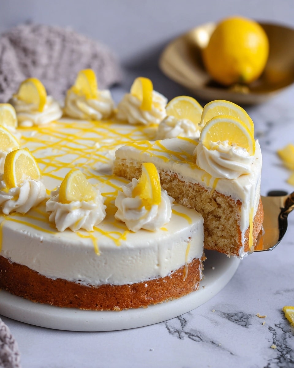 This image shows a round cake with two main layers on a white marbled surface. The bottom layer is a golden-brown moist cake, and the top layer is thick, smooth white cream frosting. On top of the cream layer, there are lines of light yellow drizzle in a crisscross pattern. Around the edge of the cake, there are dollops of white whipped cream, each topped with a thin slice of bright yellow lemon placed standing up. A slice of the cake is being lifted, showing the clear layers and textures. In the background, there is a whole lemon and a golden bowl on a white marbled surface. photo taken with an iphone --ar 4:5 --v 7