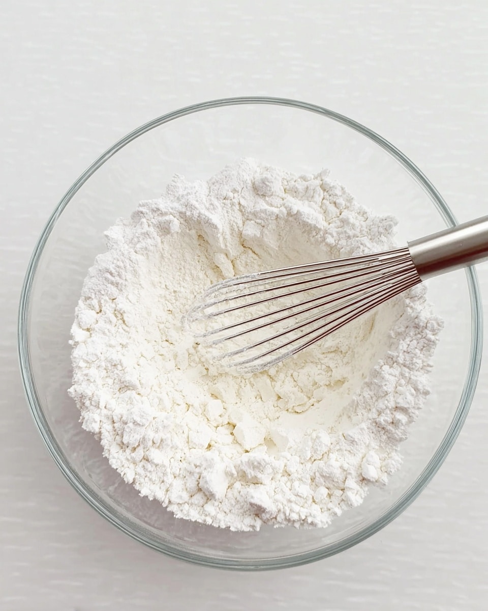 A clear glass bowl filled with a fluffy white powder mixture sits on a white marbled surface. A silver whisk rests inside the bowl, partially buried in the powder, ready to mix the ingredients. The powder has a soft, crumbly texture with small clumps scattered throughout, creating a slightly uneven surface inside the bowl. The image shows a simple, clean setup focused on the dry ingredients with soft natural lighting. Photo taken with an iphone --ar 4:5 --v 7