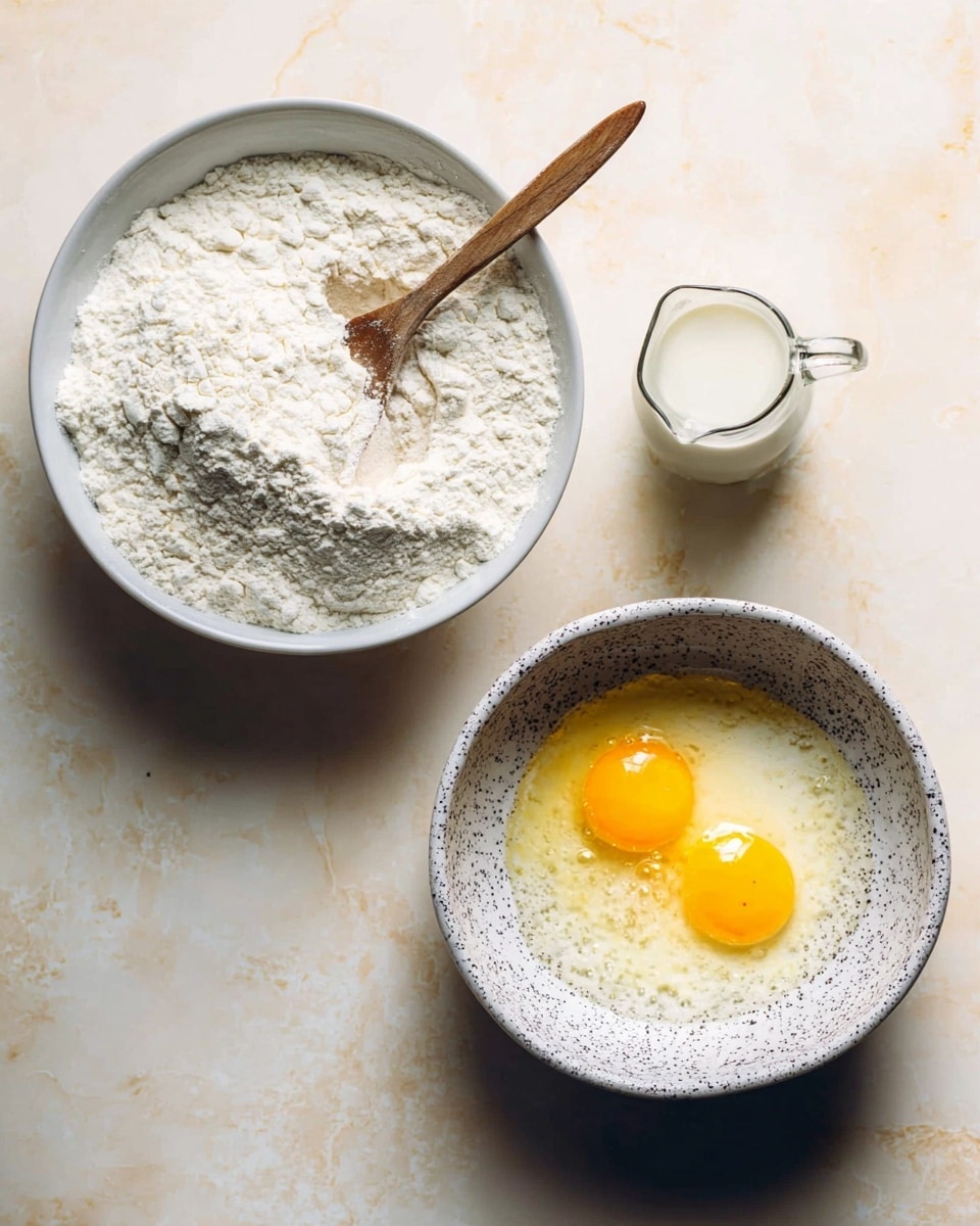 The image shows two side-by-side pictures on a white marbled texture. On the left, there is a white bowl filled with white flour with a wooden spoon resting in it, and above it, a small clear glass jug with milk. On the right, there is a white speckled bowl containing white flour, with two eggs cracked on top, showing bright yellow yolks and clear egg whites. photo taken with an iphone --ar 4:5 --v 7