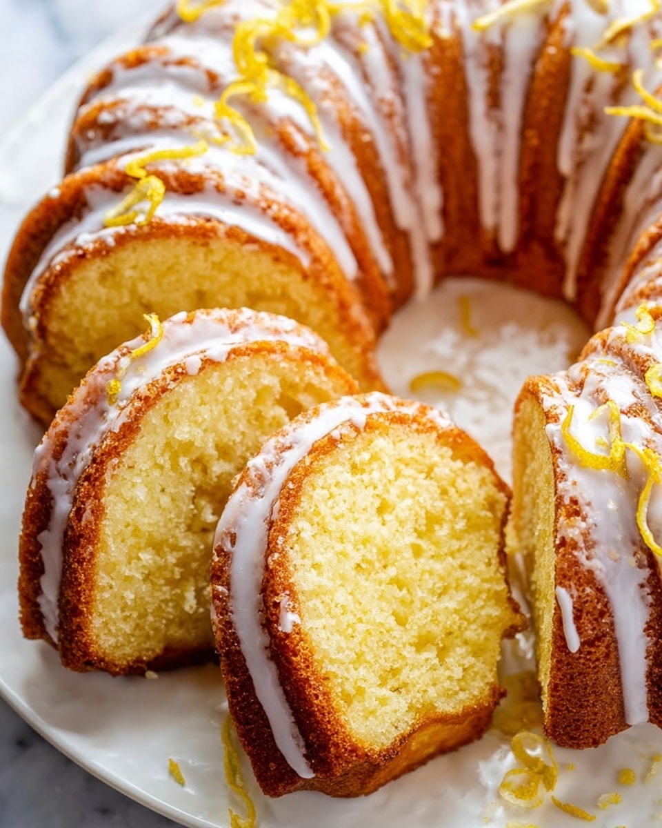 A round bundt cake with a golden brown crust is sliced into several even pieces arranged in a curved line on a white plate. The inside of the cake is light yellow and looks soft and moist. White icing is drizzled in thin lines over the top of the whole cake and the sliced pieces, with a few thin twists of yellow zest placed on top. The plate sits on a white marbled surface. photo taken with an iphone --ar 4:5 --v 7