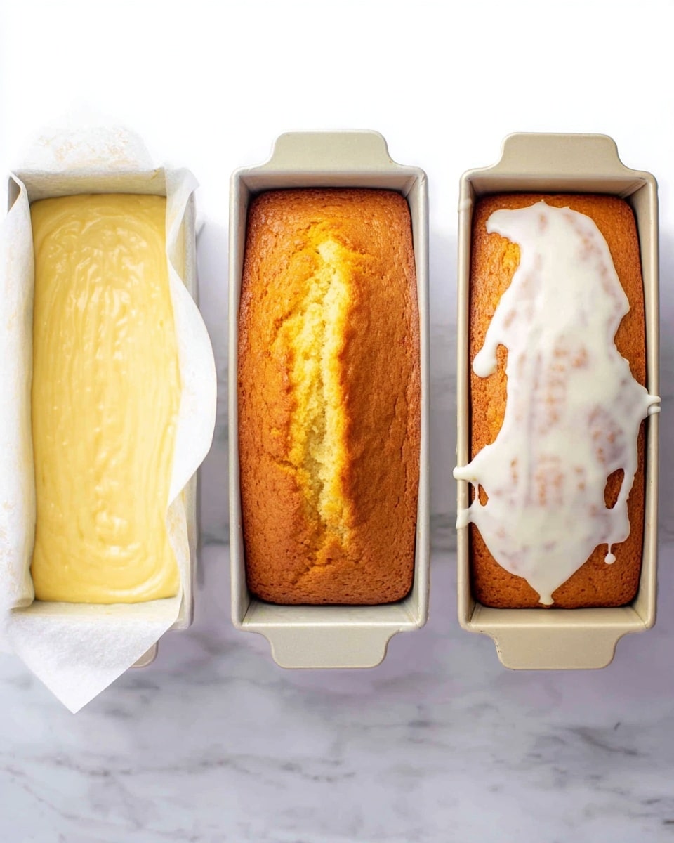 Three stages of a loaf cake are shown side by side on a white marbled surface. The first loaf pan is filled with light yellow, smooth cake batter that looks soft and thick, lined with white parchment paper slightly hanging over the sides. The second loaf pan holds a golden brown baked cake with a cracked top, the texture showing a firm but tender crust, also still in the white parchment-lined pan. The third loaf is fully baked and removed from the pan, sitting on the marbled surface, topped with a thick, white icing that drips unevenly down the sides of the warm golden cake. photo taken with an iphone --ar 4:5 --v 7