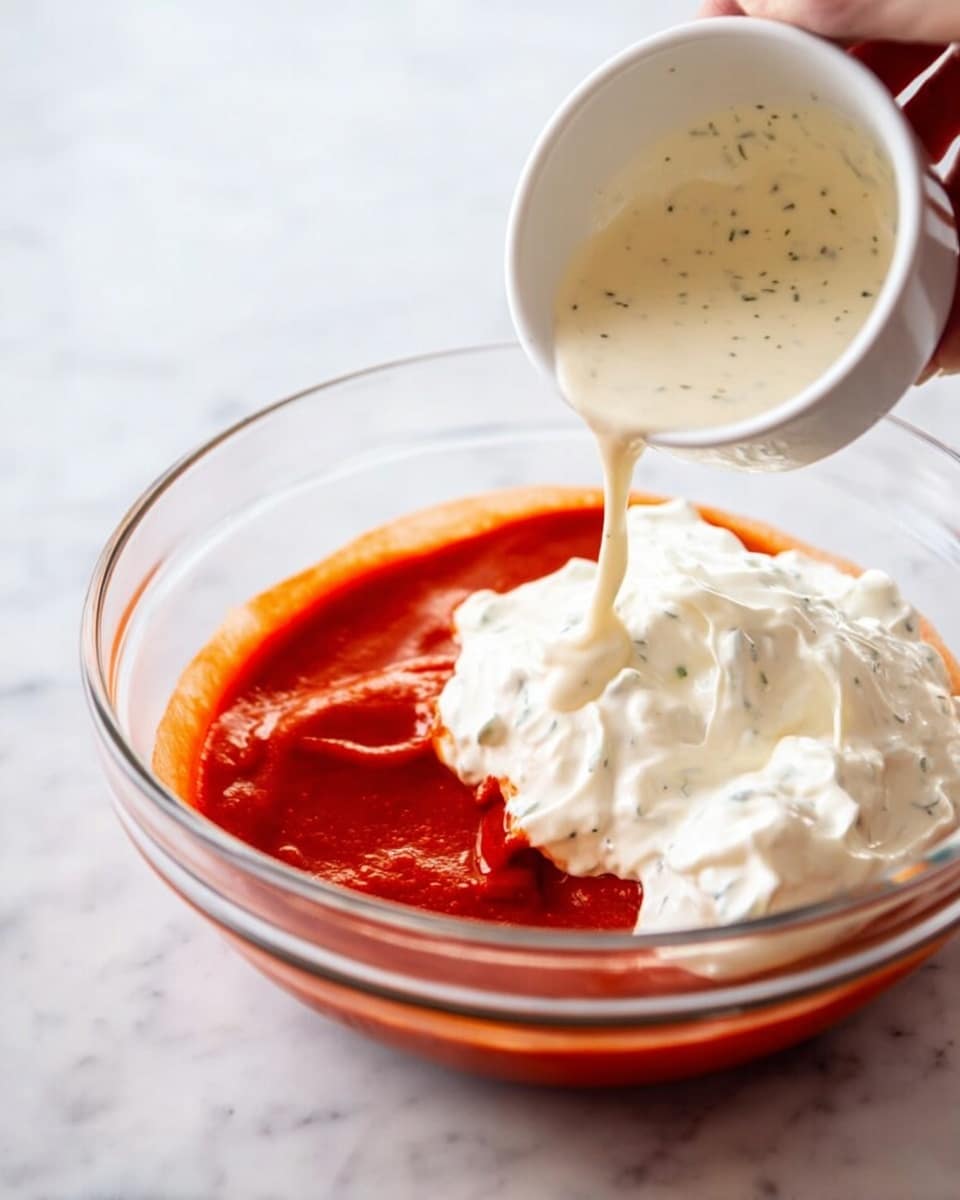 A clear glass bowl sits on a white marbled surface, filled with a thick layer of bright red sauce mixed with fluffy white cream. Above the bowl, a woman's hand is holding a small white bowl, pouring a smooth, light-colored dressing with visible green herbs into the large bowl. The contrast between the red sauce, white cream, and pale dressing creates a rich, creamy texture in the bowl. Photo taken with an iphone --ar 4:5 --v 7
