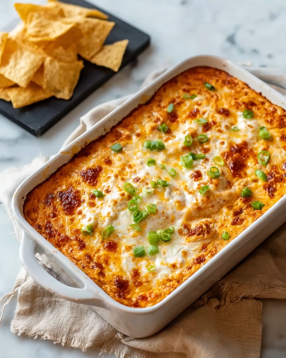 A white rectangular baking dish filled with one thick layer of creamy baked dip that is golden and light brown on top with some darker spots. The cheesy layer is melted and bubbly with patches of white and orange cheese blending together. Small bright green chopped scallions are scattered evenly on top. The dish is placed on a beige cloth on a white marbled surface. In the background on the top left, there is a black rectangular board with a small pile of triangular light golden chips. Photo taken with an iphone --ar 4:5 --v 7