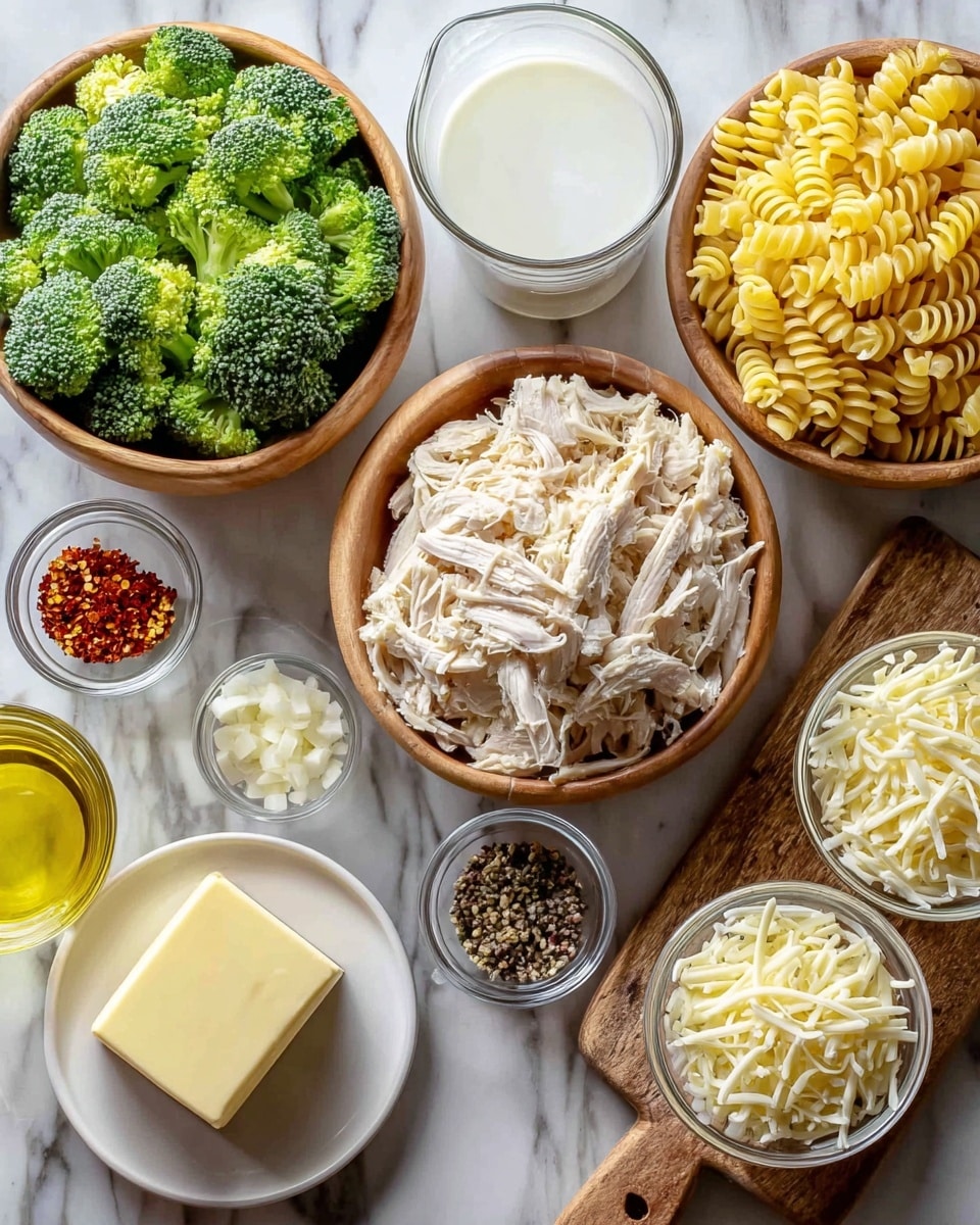 The image shows a flat lay of various ingredients on a white marbled surface, including a wooden bowl filled with bright green broccoli florets on the lower left, a similar wooden bowl in the center with shredded white chicken, and another wooden bowl on the upper right with cooked yellow spiral pasta. Next to these are smaller clear glass and wooden bowls holding finely chopped white onions, crushed red pepper flakes, and a clear glass bowl of golden olive oil. A clear glass container of milk is placed near the top left. Additionally, a white plate holds a block of pale yellow butter at the bottom center, and a wooden board on the right side displays two piles of shredded white cheese and a small white bowl filled with mixed black and red pepper. The photo was taken with an iphone --ar 4:5 --v 7