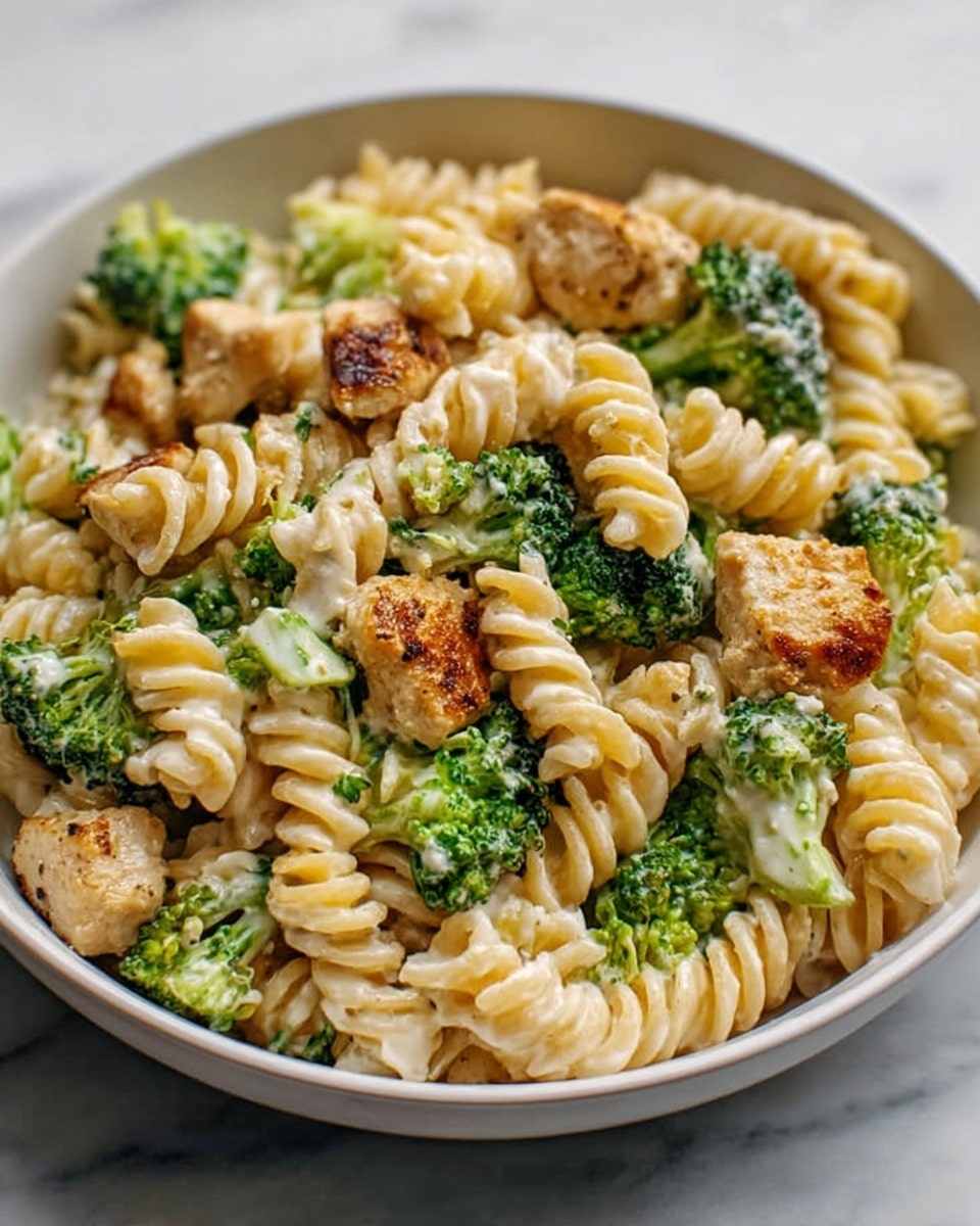A white bowl filled with rotini pasta mixed with green broccoli pieces and browned chunks of chicken, all coated in a creamy white sauce. The pasta spirals have a smooth, slightly shiny texture, while the broccoli adds a rough, bumpy contrast with its bright green color. The browned chicken pieces are scattered evenly on top and throughout, showing a cooked golden-brown surface. The bowl is placed on a white marbled surface. photo taken with an iphone --ar 4:5 --v 7