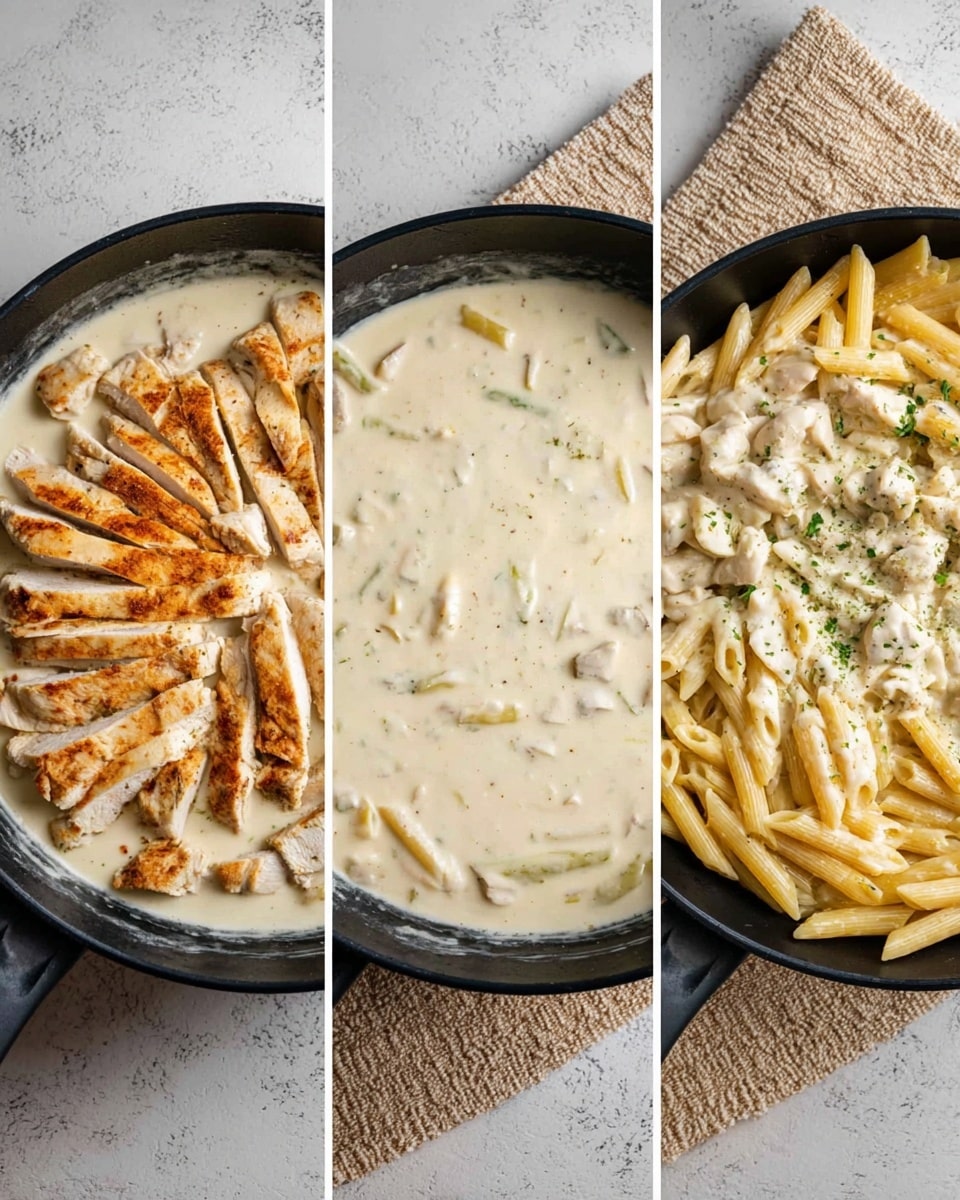 The image shows three stages of making a creamy pasta dish in a black pan on a white marbled surface. The first stage has a thick, pale cream sauce covering the bottom of the pan with a smooth texture. The second stage adds sliced golden brown grilled chicken placed on the left side of the sauce and plain yellow penne pasta piled on the right. In the third stage, the chicken and pasta are mixed into the sauce, coating the penne and chicken pieces evenly with a creamy white texture with some green herbs sprinkled on top. A textured beige cloth is beside the pan. Photo taken with an iphone --ar 4:5 --v 7