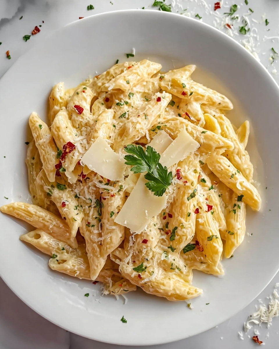 A white plate holds a creamy penne pasta dish with about one layer of pasta covered in a pale yellow sauce. The penne pasta is smooth and shiny, coated evenly with the creamy sauce and small bits of herbs and red pepper flakes scattered throughout. On top, there are fine shavings of Parmesan cheese adding a slightly grainy texture, with two larger flat slices of cheese near the center, and a small sprig of fresh green parsley placed on top for a pop of color. The plate sits on a white marbled surface, with some grated cheese and herbs lightly sprinkled around the edges. Photo taken with an iphone --ar 4:5 --v 7