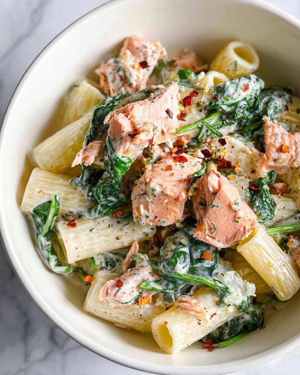 The dish is shown in a white bowl filled with creamy rigatoni pasta, scattered with pieces of pink salmon that have a light herb coating. Fresh, dark green spinach leaves are mixed throughout, adding a fresh contrast to the creamy white sauce that coats the pasta and fish. There are small red chili flakes sprinkled over the top for a touch of color and spice. The background is a white marbled texture. photo taken with an iphone --ar 4:5 --v 7