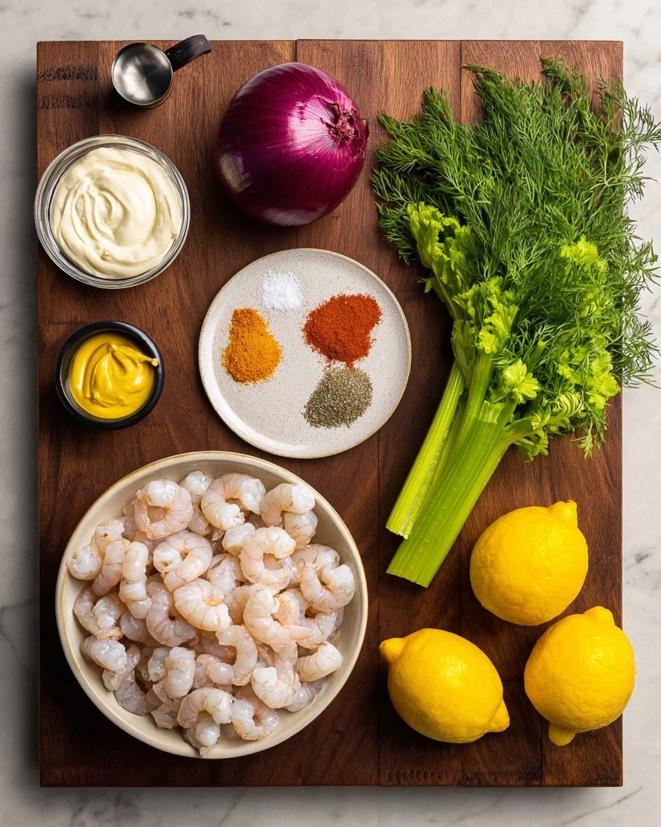 The image shows a dark wooden board with a group of ingredients arranged neatly on it. In the bottom left corner, there is a white bowl filled with many small, light pink shrimp. Above the shrimp, towards the top left, there is a small glass bowl of thick, white mayonnaise and next to it, a whole red onion with a shiny purple skin. At the center left, a small silver cup holds yellow mustard. Nearby, a small white plate has two piles of ground spices, one orange-red and the other black. To the right center, a green celery stalk lies flat, and next to it on the far right are bunches of fresh green dill and parsley. Two bright yellow lemons rest side by side near the bottom right, and a small black bowl in the bottom right corner contains three piles of powder salts and red seasoning. All these items are placed on a clean white marbled surface under soft lighting. Photo taken with an iphone --ar 4:5 --v 7