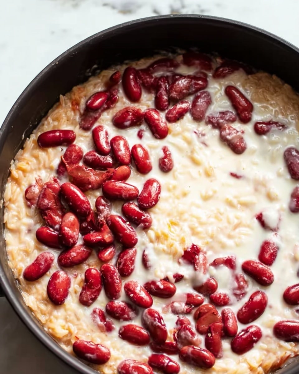 The image shows a close-up of a dish with three main layers in a black pot. The bottom layer consists of cooked rice with a light brown color and firm texture, covering the base and some of the edges. On top of the rice, there is a layer of dark red kidney beans, scattered unevenly and slightly submerged in a thick white creamy sauce that covers part of the rice and beans. The sauce looks smooth and rich, filling the gaps between the beans and spreading around the edges. The scene is set on a white marbled surface. photo taken with an iphone --ar 4:5 --v 7
