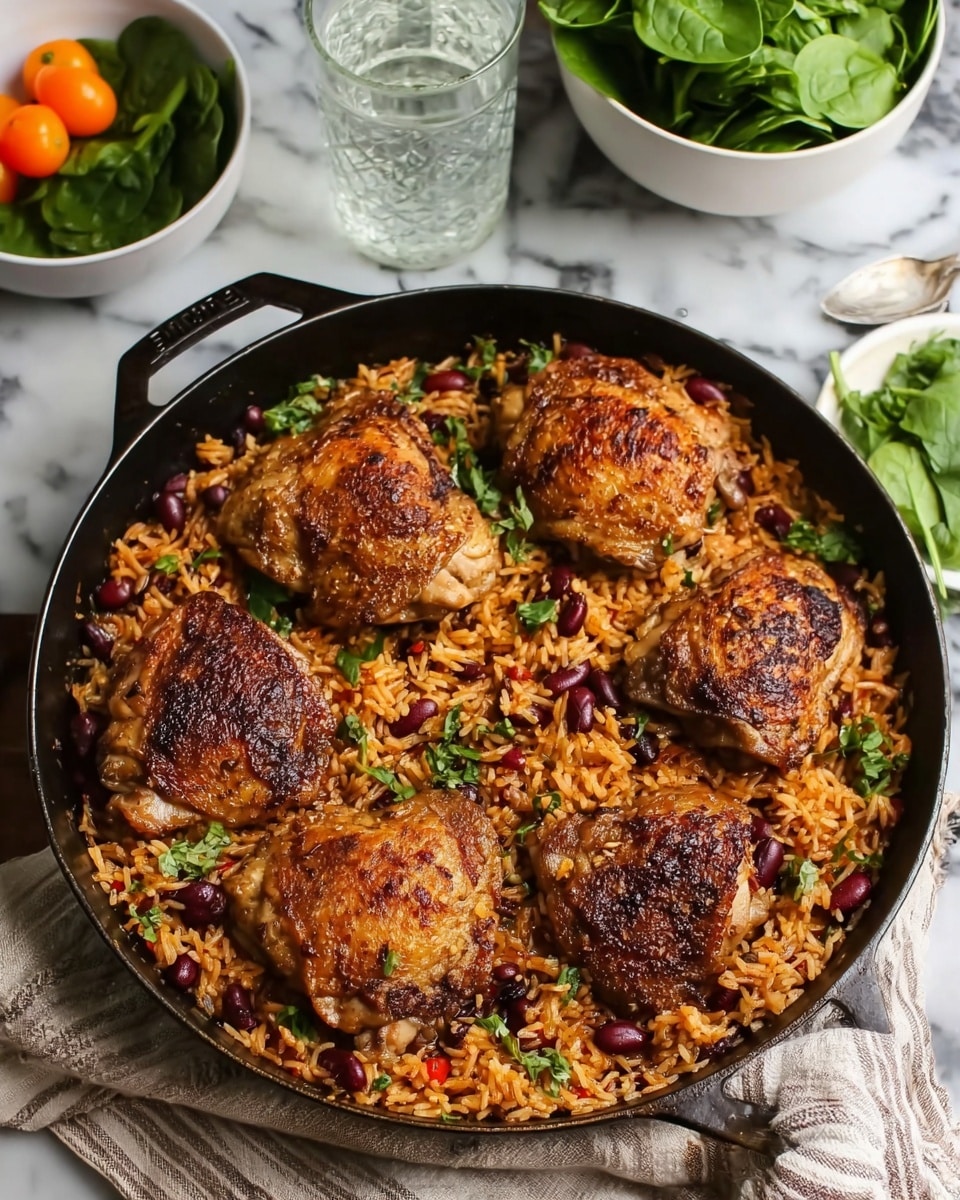 The image shows a black cast iron pan filled with five pieces of cooked chicken thighs placed on top of a bed of seasoned rice mixed with red kidney beans and small green herb pieces. The chicken thighs have a crispy, browned skin with a slightly charred texture. The rice underneath is a warm orange color with scattered dark red beans and green herb bits, giving a textured look. On the white marbled surface around the pan, there is a small clear glass of water and two white bowls, one filled with fresh green spinach leaves and the other with small orange peppers. The pan rests on a striped beige cloth. Photo taken with an iphone --ar 4:5 --v 7