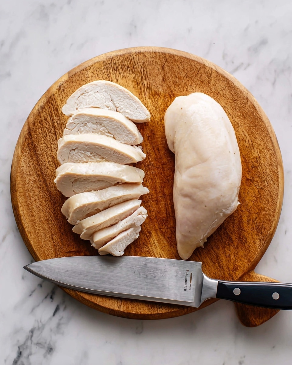 The image shows a wooden round cutting board on a white marble surface. On the left side of the board, there is a cooked white chicken breast sliced into nine even pieces, showing a smooth, slightly shiny texture and pale white color inside. On the right side of the board, there is one whole cooked chicken breast with the same pale white color and smooth texture. Below the whole chicken breast lies a shiny silver knife with a black handle, its blade resting flat on the board. photo taken with an iphone --ar 4:5 --v 7