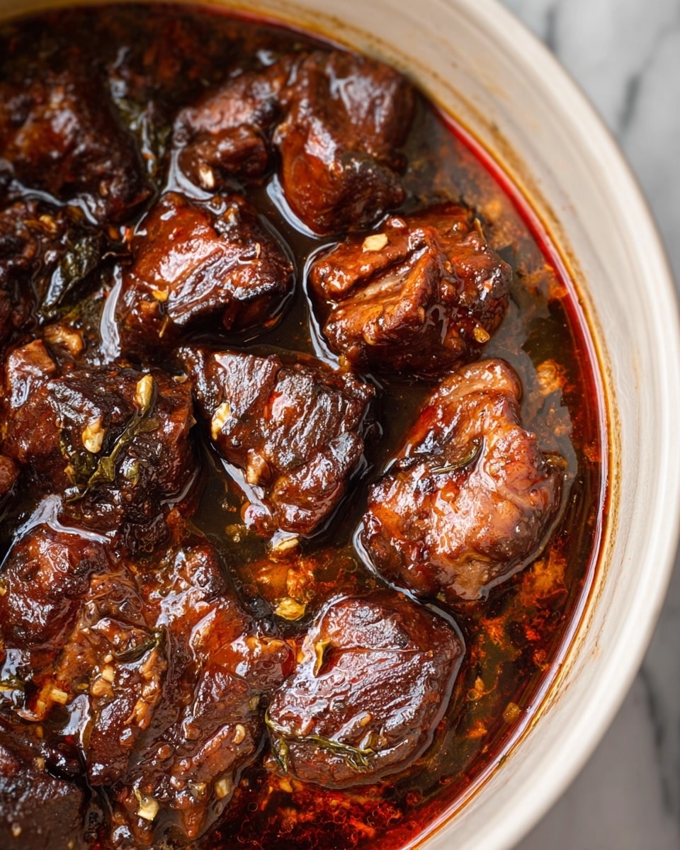 The image shows a close-up of a stew with dark brown pieces of cooked meat in a white pot. The meat chunks are glossy and coated with a thick, rich sauce that has a deep reddish-brown color. There are small bits of herbs and spices visible, and the sauce has some oil reflecting light. The texture of the meat looks tender and slightly charred in places, sitting in a shallow pool of sauce at the bottom. The background is a white marbled surface. photo taken with an iphone --ar 4:5 --v 7