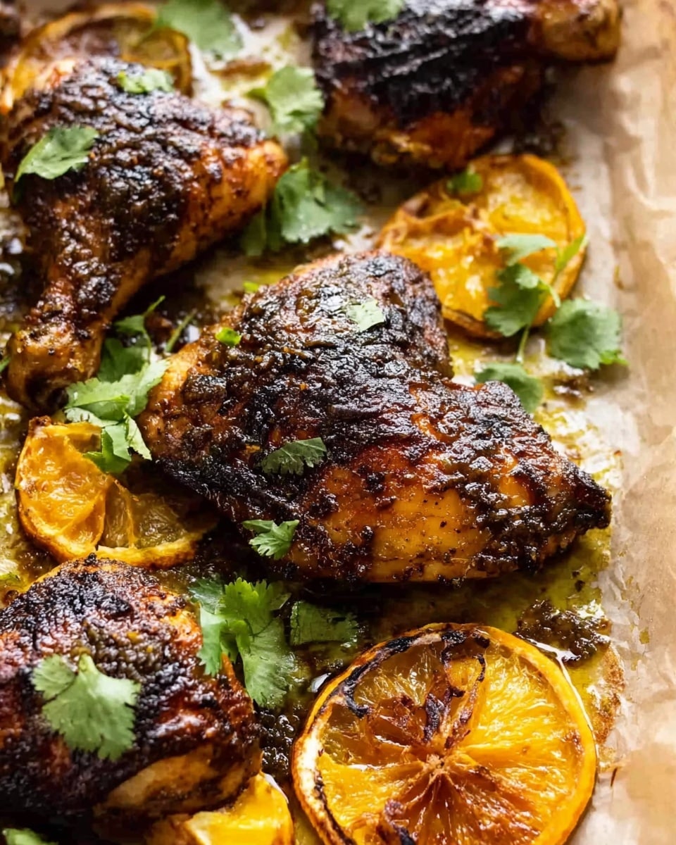 The image shows a close-up of grilled chicken pieces with a dark, glossy, and slightly charred surface, indicating a flavorful marinade. There are four visible chicken pieces, including thighs and drumsticks, lying on a baking tray lined with parchment paper. Around the chicken, there are orange slices, some caramelized and crispy on the edges, adding bright orange color. Fresh green herbs, likely cilantro, are scattered on top and around the chicken, giving a fresh touch. The overall color palette is warm with rich browns, oranges, and greens set against the neutral parchment. Photo taken with an iphone --ar 4:5 --v 7