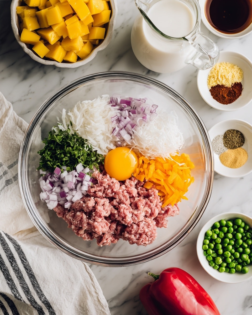 A clear glass bowl sits on a white marbled surface, filled with several ingredients arranged side by side in sections. There is a portion of raw ground meat in light pink, next to white shredded coconut, bright orange-yellow egg yolk, and small diced purple onions. Fresh green chopped herbs and garlic, light yellow minced garlic, and small piles of different spices in brown, yellow, and reddish shades complete the ingredients. Around the bowl, there is a white bowl of diced yellow mangoes on the upper left, a clear glass jug of milk, a small white bowl of dark soy sauce, a white bowl of green peas, and a bright red bell pepper at the bottom. A white cloth with black stripes is partially visible on the left. Photo taken with an iphone --ar 4:5 --v 7