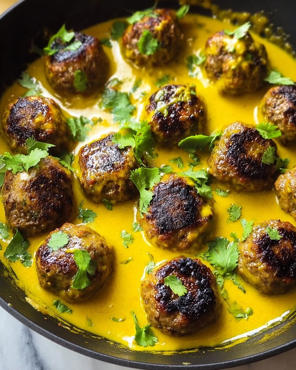 A black pan filled with about fourteen golden-brown meatballs, some with crispy, darker charred spots on top, partially covered in a thick, smooth yellow sauce. The sauce pools around the meatballs and has a rich, creamy texture, with fresh green cilantro leaves scattered on top, adding a bright contrast. The background shows a white marbled texture. Photo taken with an iphone --ar 4:5 --v 7