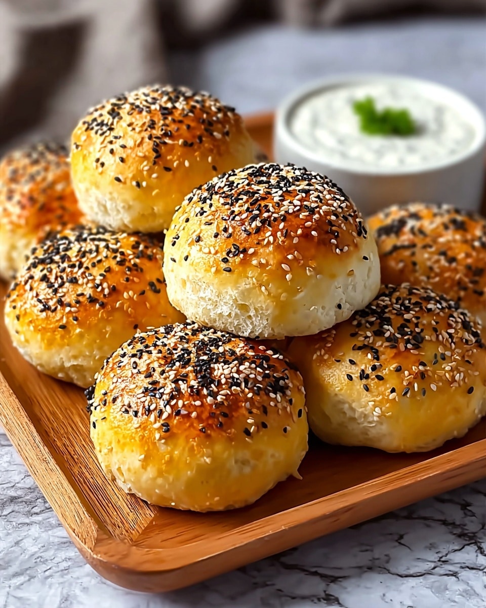 The image shows seven round, golden-brown buns with a light, fluffy texture, sprinkled generously with black and white sesame seeds on top. They are stacked closely together on a wooden square plate with a smooth finish. In the background, there is a small white bowl filled with a light-colored creamy dip topped with a small green herb, all placed on a whitish marbled surface. The lighting highlights the toasted, slightly crispy tops and soft sides of the buns, making them look fresh and inviting. photo taken with an iphone --ar 4:5 --v 7