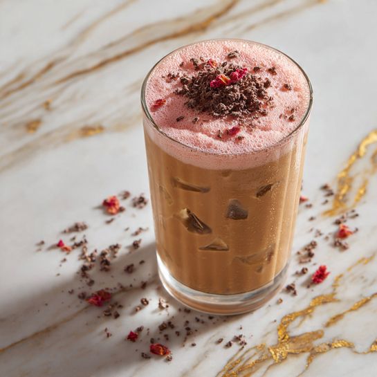 A tall clear glass filled with light brown iced coffee, with visible ice cubes inside. On top, there is one thick layer of smooth pink foam, decorated with small pieces of dark brown chocolate crumbs and a few tiny red flakes in the center. The glass sits on a white marbled surface with gold veins. photo taken with an iphone --ar 4:5 --v 7