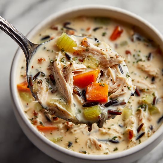 A close-up of a ladle holding creamy soup filled with layers of small, tender white chicken pieces, light green celery chunks, bright orange carrot slices, and dark wild rice grains, all mixed in a thick off-white broth with a smooth texture and small herb flecks scattered throughout. The soup appears rich and hearty, with the ladle slightly tilted, showing the colorful ingredients against a white marbled background. Photo taken with an iphone --ar 4:5 --v 7