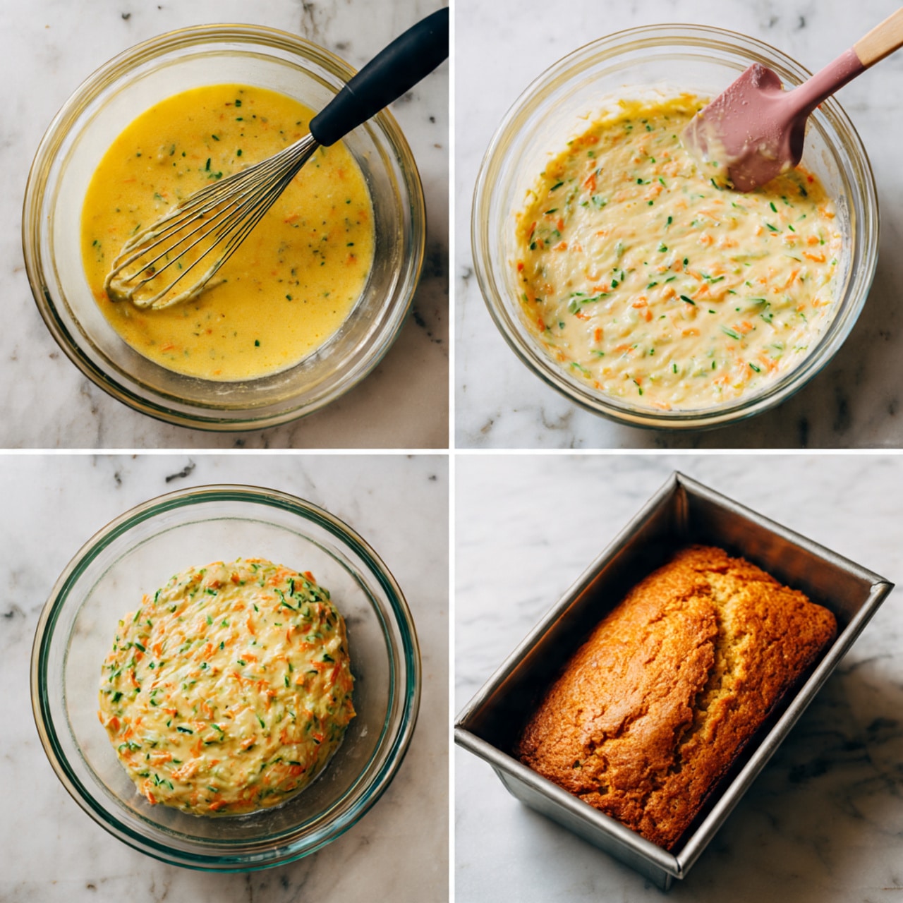 A four-part photo collage shows the process of making a yellowish batter with small green and orange bits in clear glass bowls and a metal loaf pan on a white marbled surface. The first photo shows a clear glass bowl with a liquid yellow batter mixed with herbs, with a black-handled whisk inside the bowl. The second photo shows the same bowl now holding a thick, creamy batter with orange and green bits mixed in, with a pink spatula resting in it. The third photo shows the thick batter poured into a silver metal loaf pan sitting on the white marbled surface. The fourth photo shows the baked loaf in the same pan, with a golden-brown crust and a cracked top showing a soft inside. photo taken with an iphone --ar 4:5 --v 7