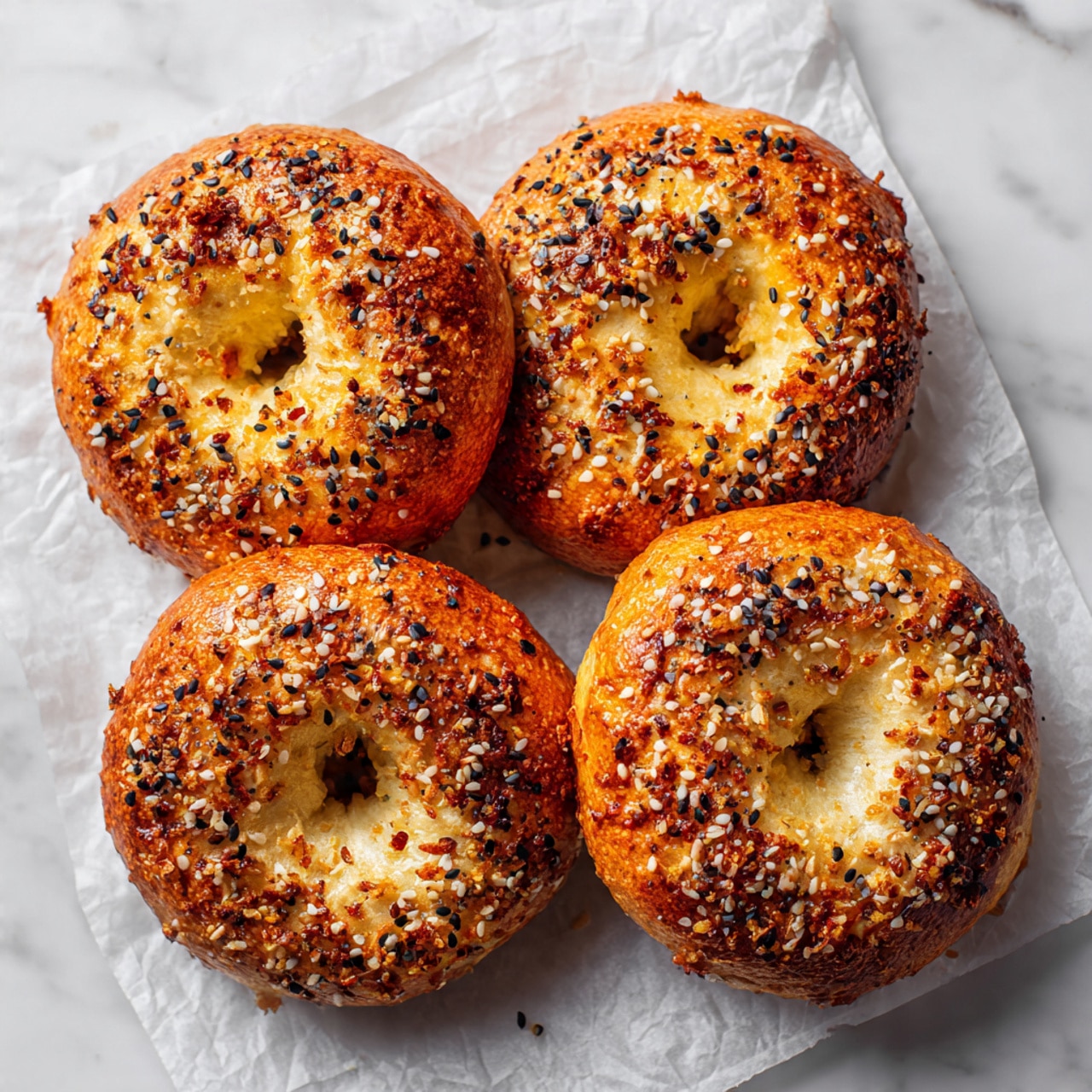 Four golden brown bagels sit closely together on white parchment paper over a white marbled surface. Each bagel has a crunchy texture with a shiny, slightly uneven crust. The top of every bagel is covered with a mixed topping of white sesame seeds, black sesame seeds, poppy seeds, small bits of dried onion, and coarse salt flakes, giving a speckled and textured look. The bagels are round with a clear hole in the center, showing a soft inside that contrasts with the crispy outside. photo taken with an iphone --ar 4:5 --v 7