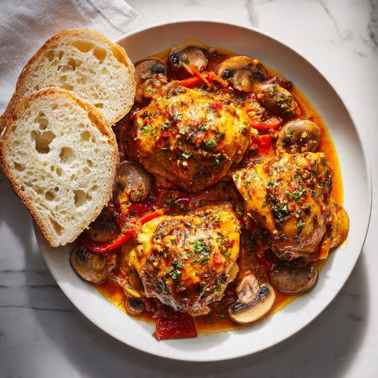 The dish shows three pieces of cooked chicken thighs covered with a shiny orange-red sauce that looks rich and slightly chunky. Around the chicken, there are cooked mushrooms in light brown and gray shades, and bright red slices of bell pepper mixed with sauce and bits of herbs sprinkled all over. On the top left side, two slices of white bread with airy holes rest against the food. The whole plate is dark but changes to white as requested, set on a white marbled surface with soft natural light highlighting the textures. photo taken with an iphone --ar 4:5 --v 7
