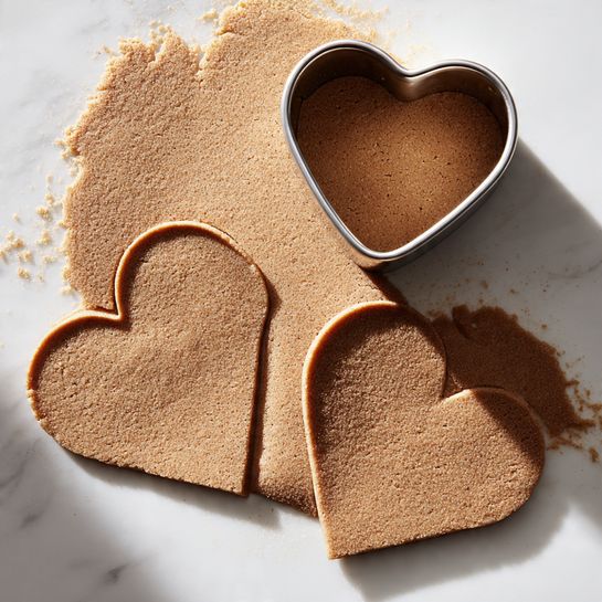 The image shows a flat layer of light brown dough with a smooth, slightly grainy texture spread evenly on a white marbled surface. A metal heart-shaped cutter is pressing into the dough near the center, creating a heart-shaped hole. Around the cutter, there are two heart-shaped dough pieces already cut out, showing the thickness and uniformity of the dough. The dough pieces have rounded edges and small textures on their surfaces. The light source creates soft shadows around the cutter and dough pieces, enhancing the shapes and textures. Photo taken with an iphone --ar 4:5 --v 7