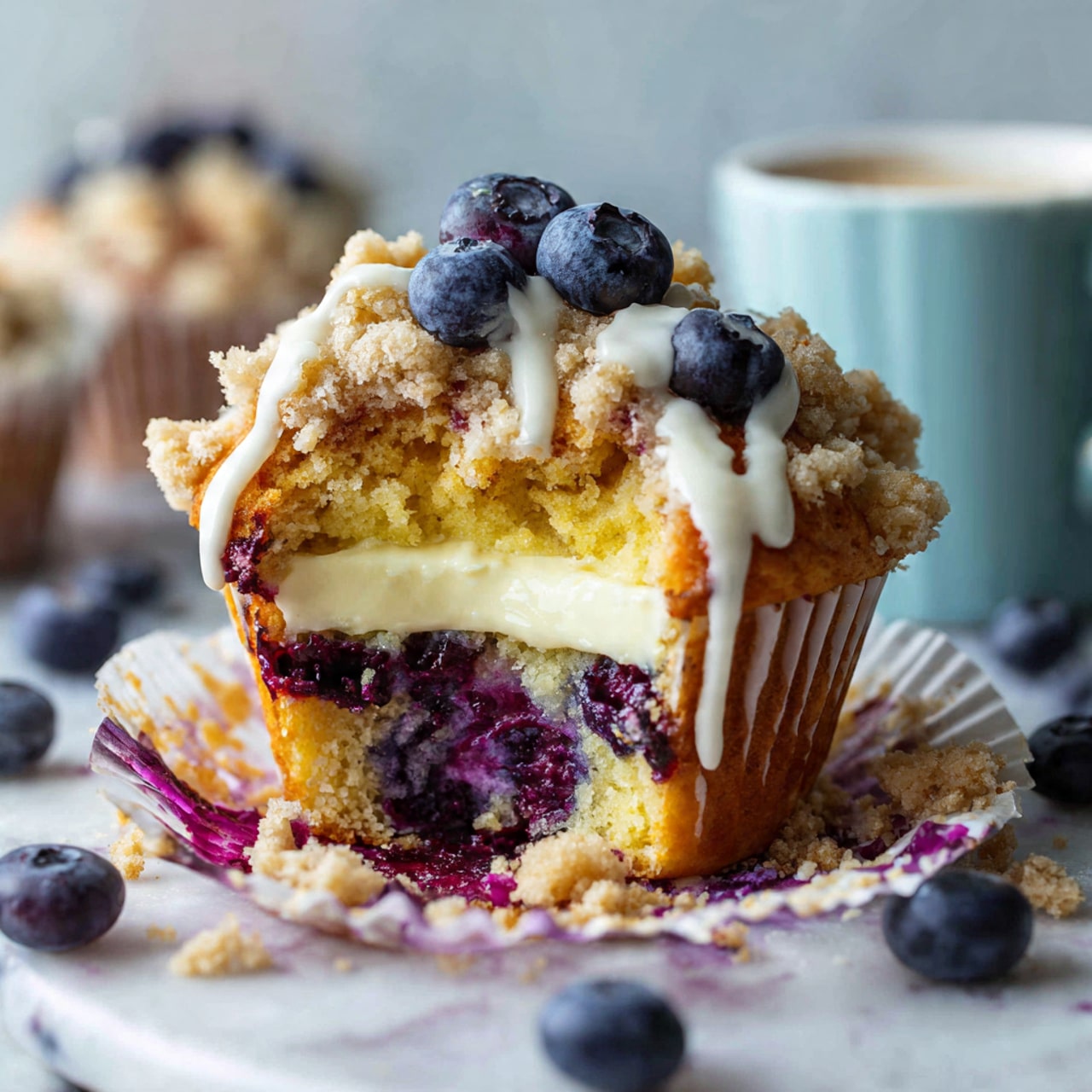 This image shows a blueberry muffin with three main layers: the bottom layer is a soft yellow muffin base with dark purple blueberries baked inside, the middle layer has a creamy, smooth off-white filling, and the top layer is a crumbly golden streusel topping mixed with whole blueberries and a light drizzle of white icing. The muffin is partly eaten, revealing the inside layers clearly. It sits on a white paper cupcake liner with purple blueberry juice stains, placed on a white marbled surface with scattered fresh blueberries around. The background is softly blurred with a light blue mug visible. Photo taken with an iphone --ar 4:5 --v 7