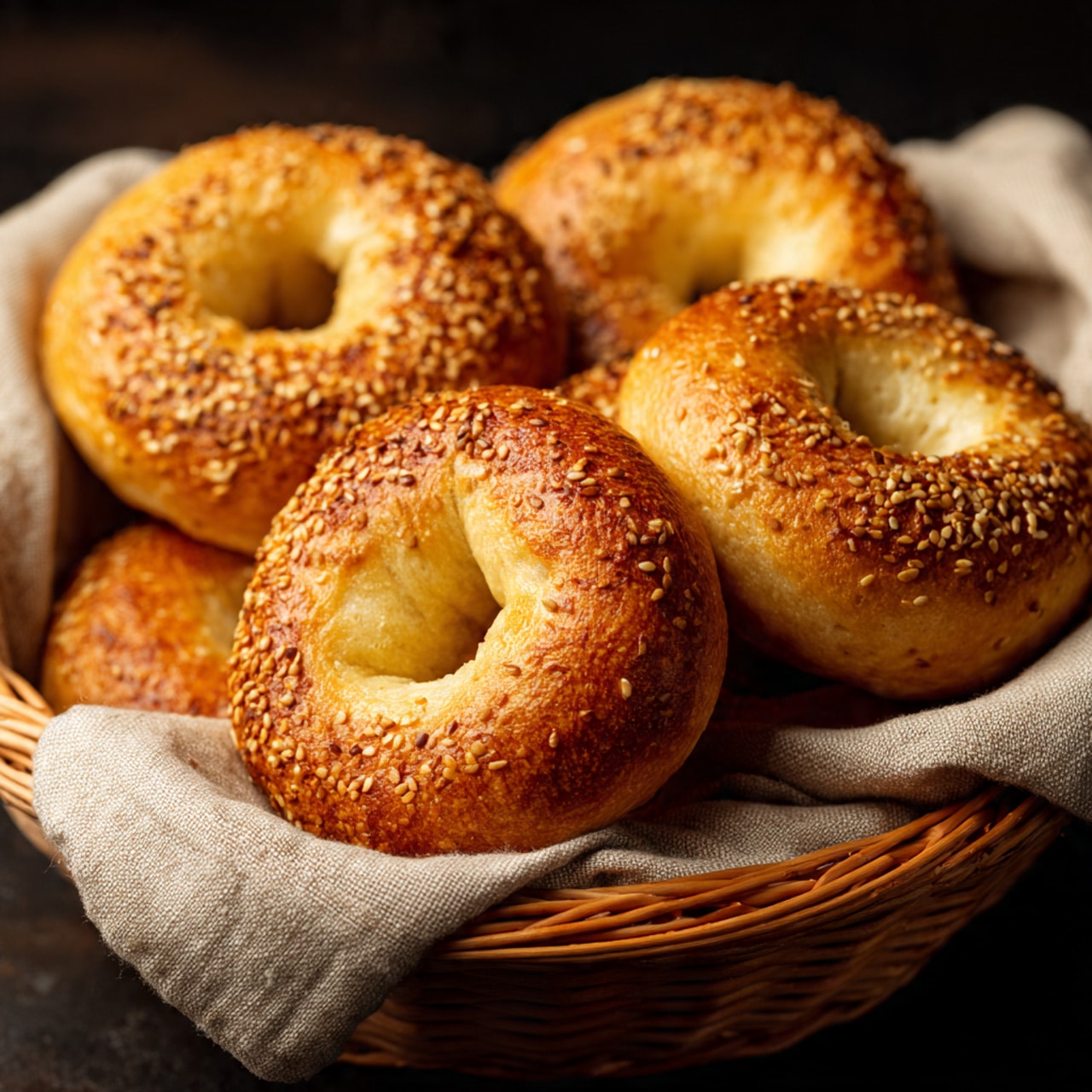 Four round bagels with a golden brown crust sit close together on a white square plate. Each bagel has a rough texture speckled with black pepper and other spices, creating a slightly uneven dark toasted surface. White crumbles of soft cheese are scattered generously on top of each bagel, contrasting with the rich brown tones. The plate is placed on a mat with a grey pattern, and the background shows a soft focus area that blends with the white marbled surface around the plate. photo taken with an iphone --ar 4:5 --v 7