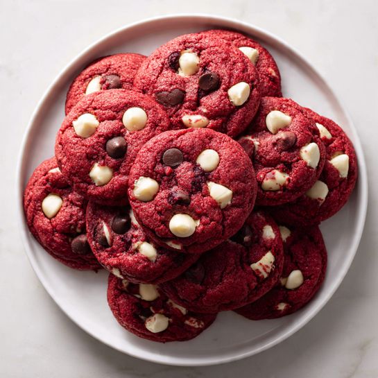 A white plate filled with many red cookies stacked closely together, each cookie showing a slightly cracked texture with white and dark chocolate chips scattered on top and inside. The cookies are round, thick, and have a soft appearance with rich red color all over. The plate sits on a dark surface but will be imagined with a white marbled texture for the background. photo taken with an iphone --ar 4:5 --v 7