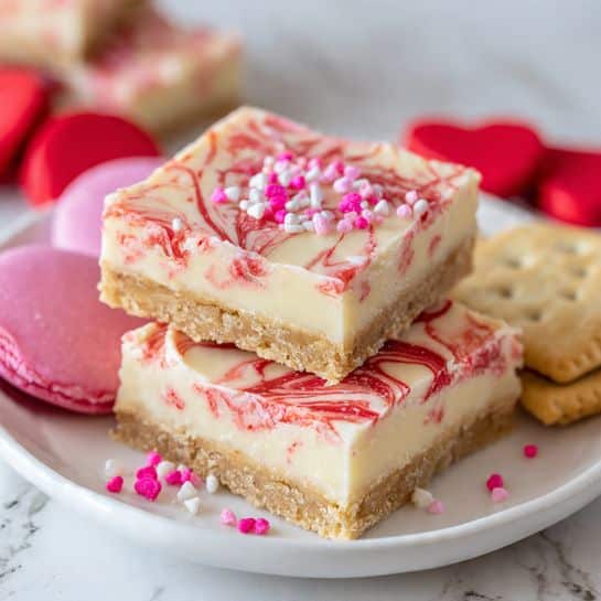 The image shows multiple pieces of candy bark arranged in a white baking tray and a white plate. Each piece has three layers: the bottom is golden brown cracker, the middle is a smooth white layer, and the top is a swirl of red, pink, and white colors with a shiny texture. Around the tray and plate, there are round red and pink candies, more cracker squares, and small heart-shaped sprinkles in white, pink, and red. The background is a white marbled surface with parts of a red cloth visible. A woman’s hand is holding one piece of the candy bark photo taken with an iphone --ar 4:5 --v 7