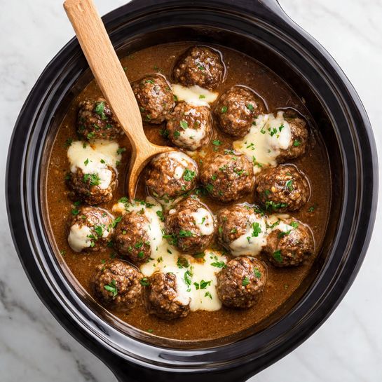 This image shows a slow cooker full of brown meatballs in thick brown sauce. There are about fifteen meatballs evenly spread in the sauce. Patches of melted white cheese are on top of some meatballs, looking creamy and soft. Small green parsley pieces are sprinkled across the dish, adding a fresh touch. A wooden spoon is partially dipped in the sauce, resting on the meatballs near the top of the cooker. The cooker is black and sitting on a white marbled surface. photo taken with an iphone --ar 4:5 --v 7