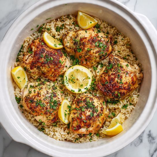 The image shows a white crockpot filled with five cooked chicken pieces sitting on a bed of light tan rice. Each chicken piece is golden brown with a slightly crispy skin and sprinkled with fresh green herbs. There are small lemon wedges of bright yellow on top of the chicken pieces, adding a fresh color contrast. The rice looks soft and fluffy, filling all space beneath the chicken. The crockpot is placed on a white marbled surface. photo taken with an iphone --ar 4:5 --v 7
