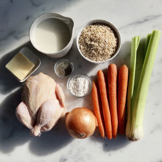 The image shows a four-step cooking process on a white marbled background. The top left frame features a silver pot filled with a smooth, creamy white sauce being stirred with a metal whisk. The top right frame shows shredded light beige chicken meat spread on a white marbled surface with a silver fork used for shredding. The bottom left frame displays a large white pot containing layers of brown rice, shredded chicken, yellow seasoning, and a thick white creamy layer, with a wooden spoon at the bottom. The bottom right frame shows the contents in the white pot fully mixed into a creamy soup with visible pieces of orange carrots, green celery, black wild rice, and chicken bits. photo taken with an iphone --ar 4:5 --v 7