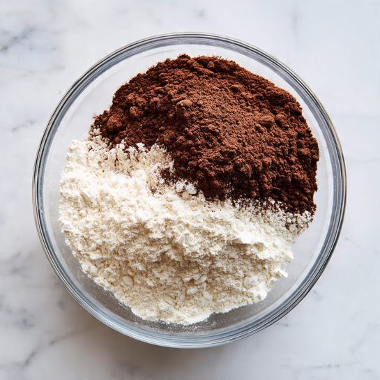 A clear glass bowl sits on a white marbled surface, containing two main dry layers side by side: a large mound of dark brown cocoa powder on the top left half and a slightly bigger mound of white flour on the bottom right half, with a small sprinkle of white baking powder on the edge between them near the top right. The powders have fine, grainy textures and the bowl's edge is clean and thin. Photo taken with an iphone --ar 4:5 --v 7
